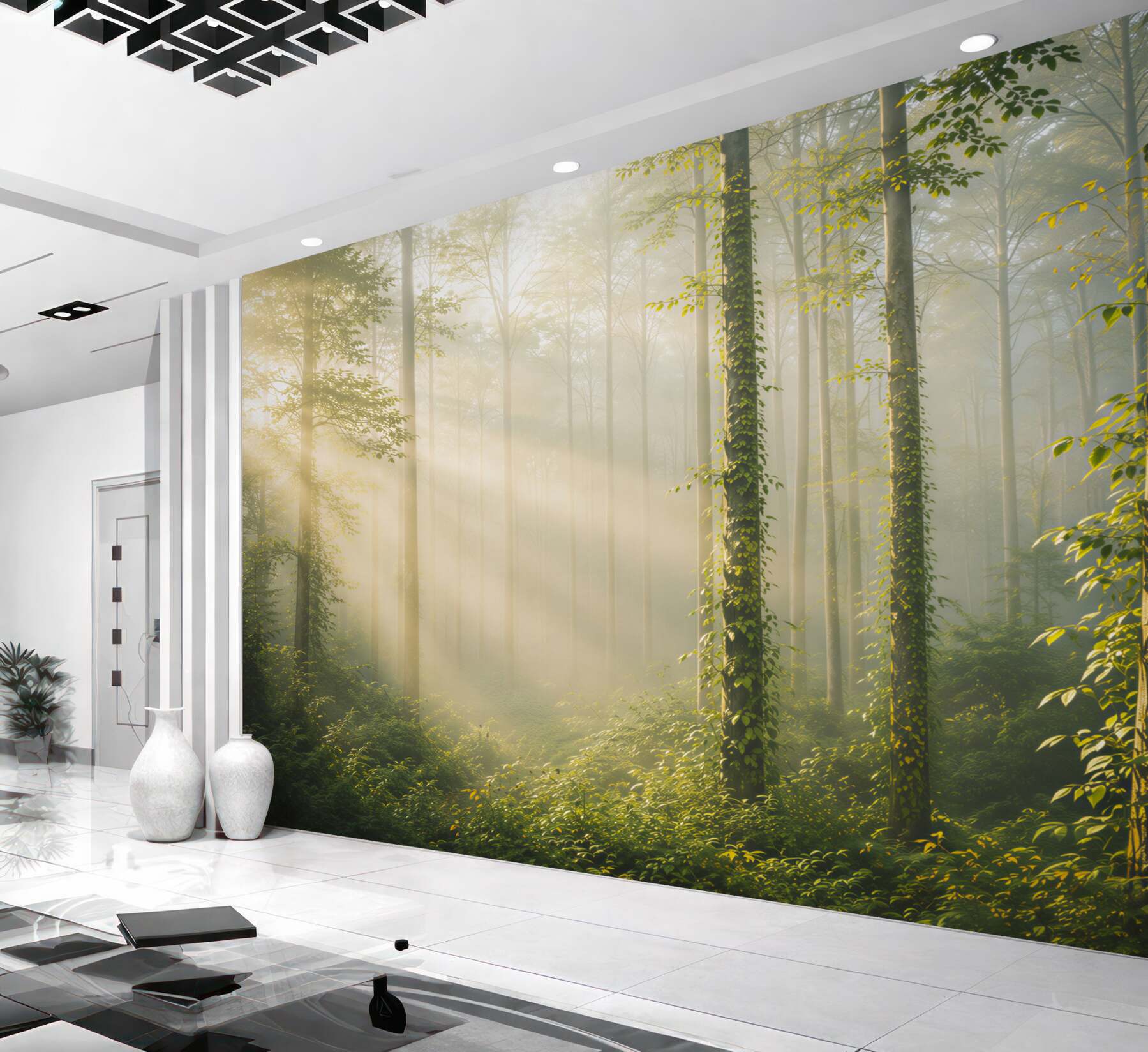 Fototapeta słoneczny las we mgle zielony naturalny pejzaż do salonu?v23
