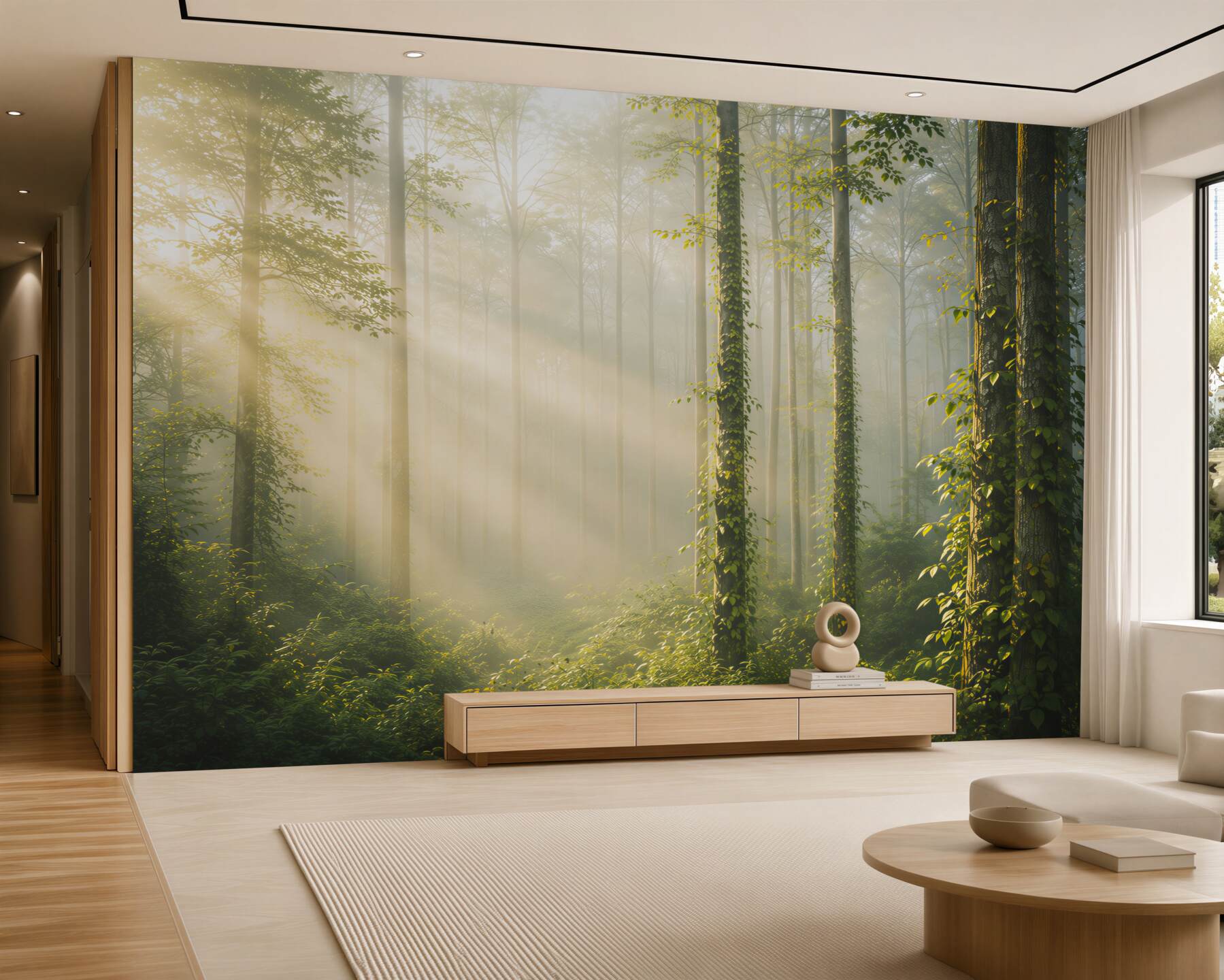Fototapeta słoneczny las we mgle zielony naturalny pejzaż do salonu?v23