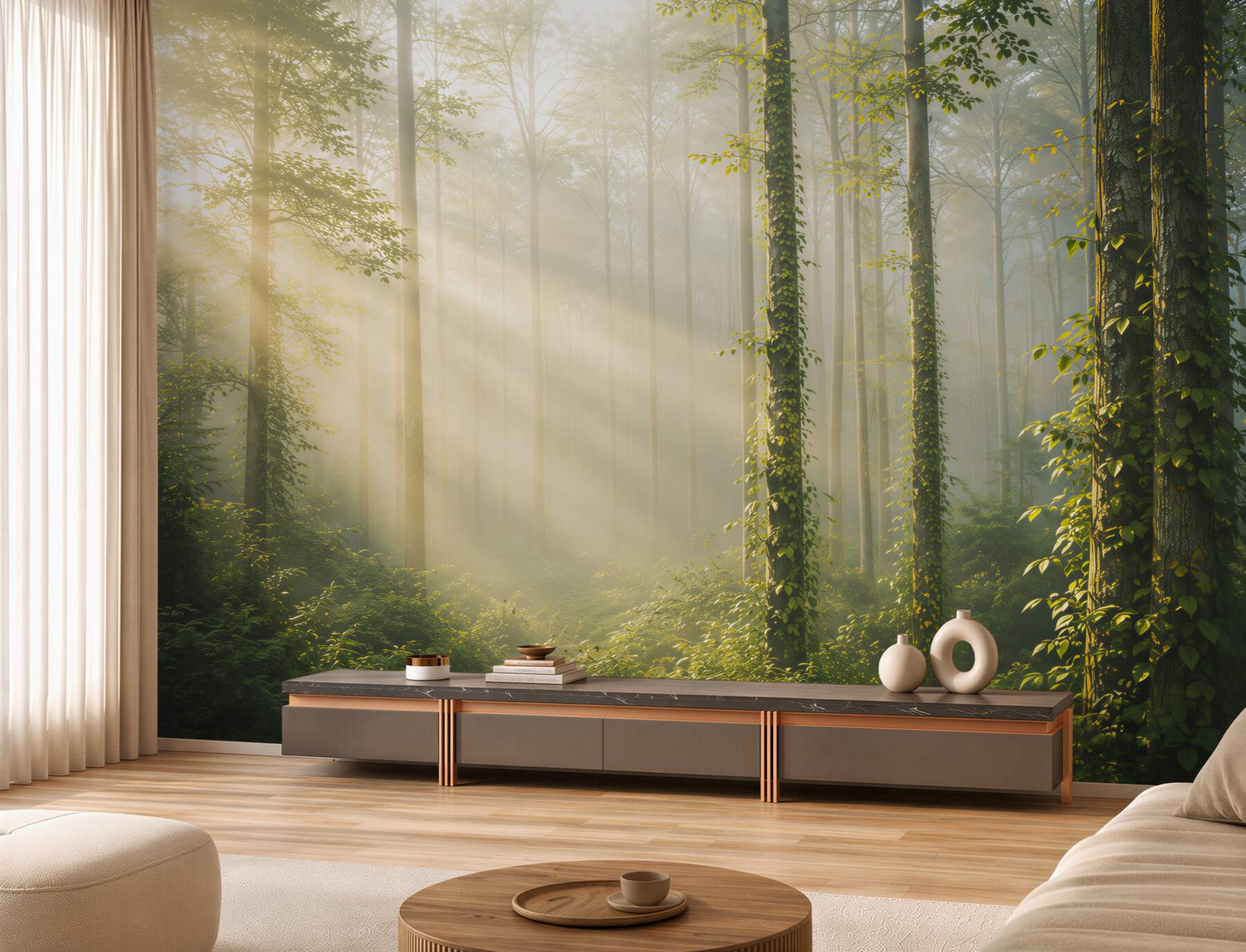 Fototapeta słoneczny las we mgle zielony naturalny pejzaż do salonu?v23