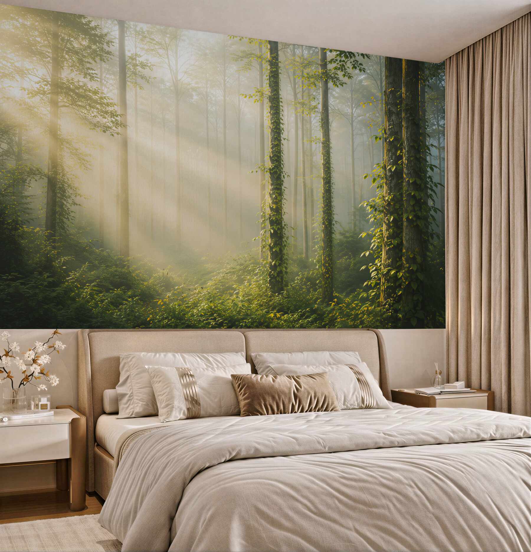Fototapeta słoneczny las we mgle zielony naturalny pejzaż do salonu?v23