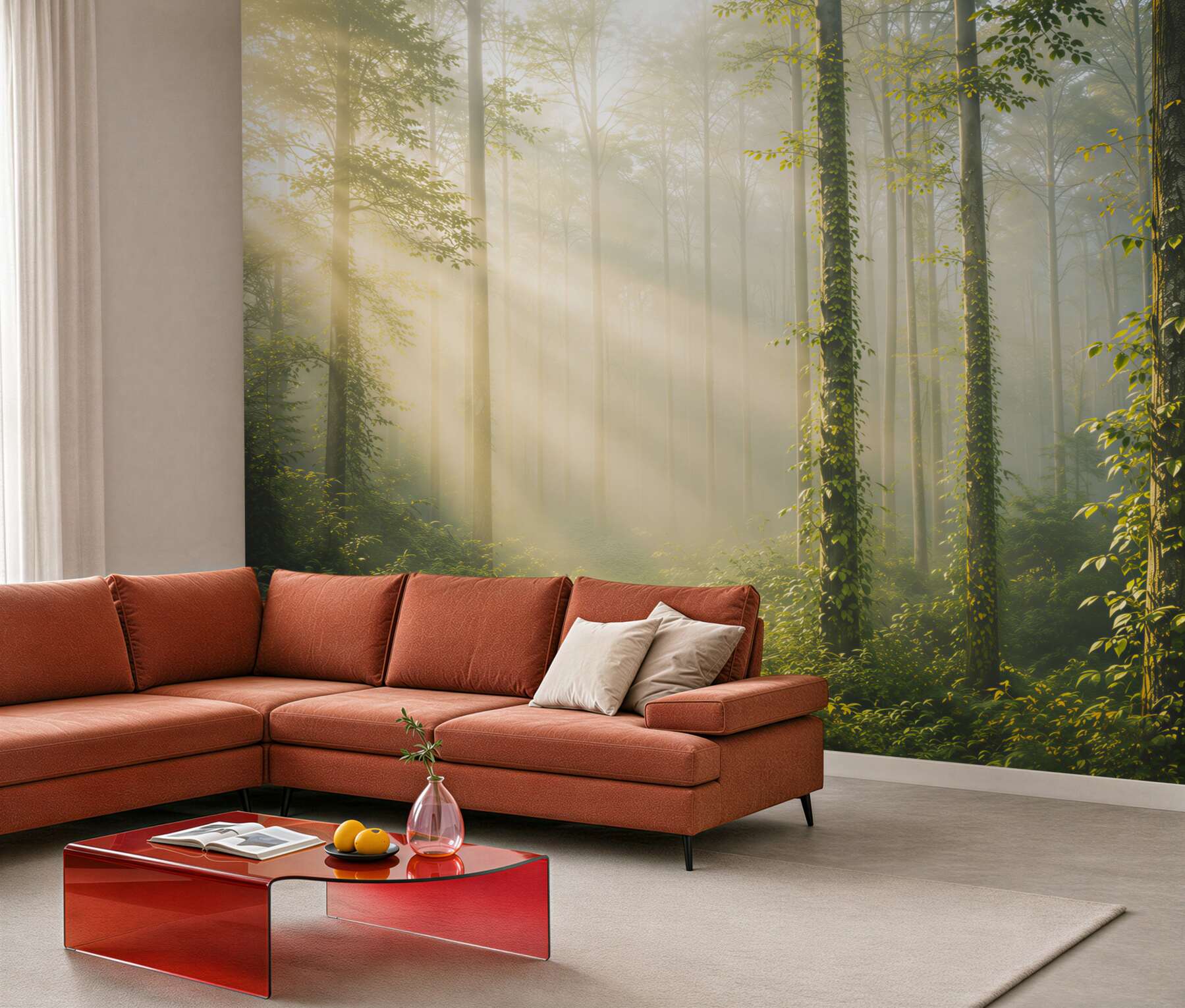 Fototapeta słoneczny las we mgle zielony naturalny pejzaż do salonu?v23