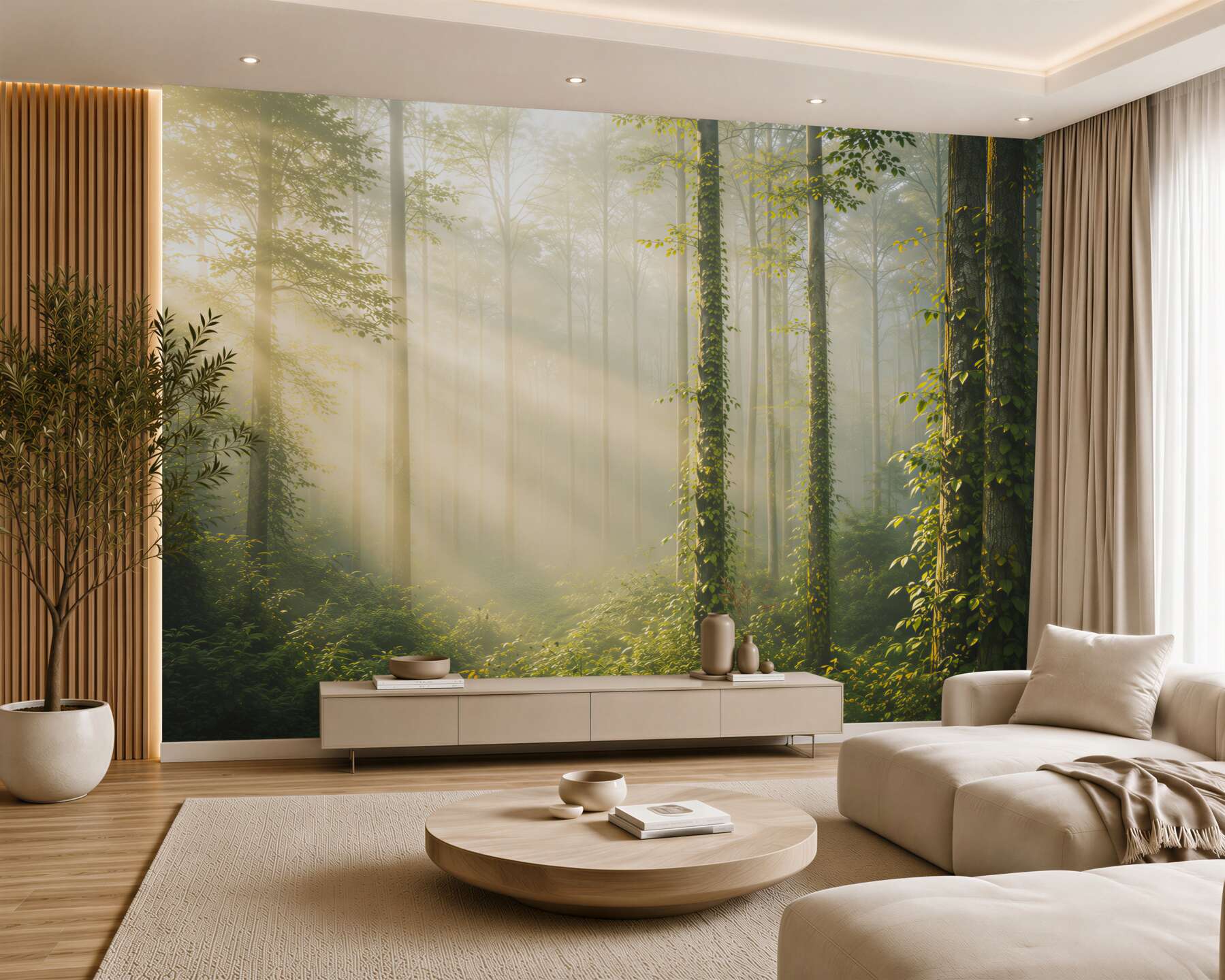 Fototapeta słoneczny las we mgle zielony naturalny pejzaż do salonu?v23