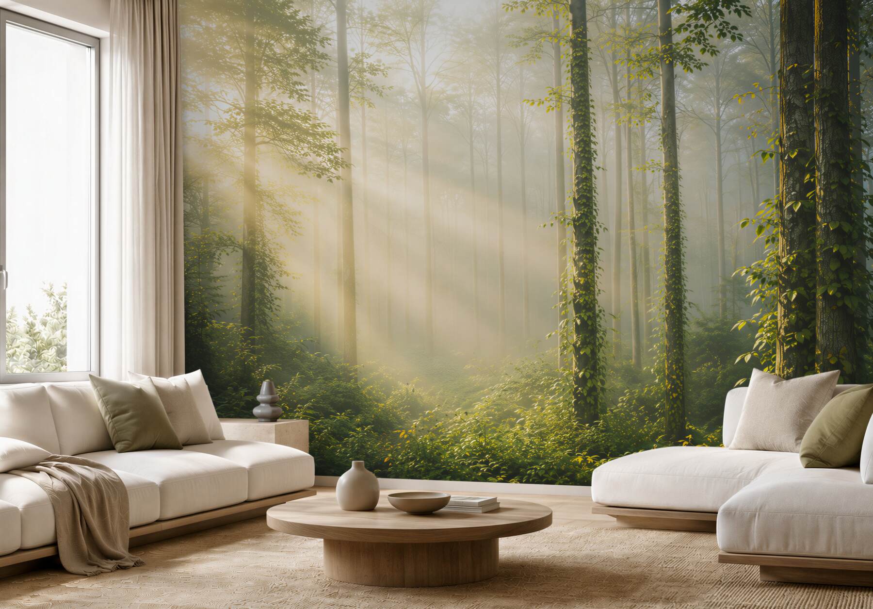 Fototapeta słoneczny las we mgle zielony naturalny pejzaż do salonu?v23