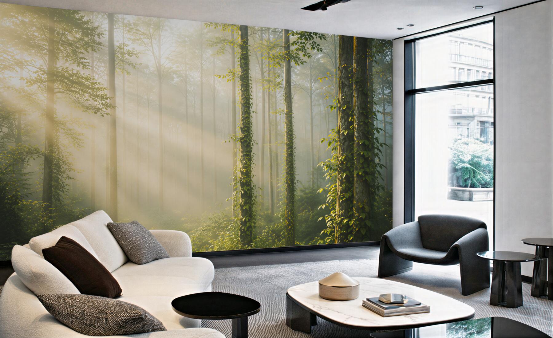 Fototapeta słoneczny las we mgle zielony naturalny pejzaż do salonu?v23