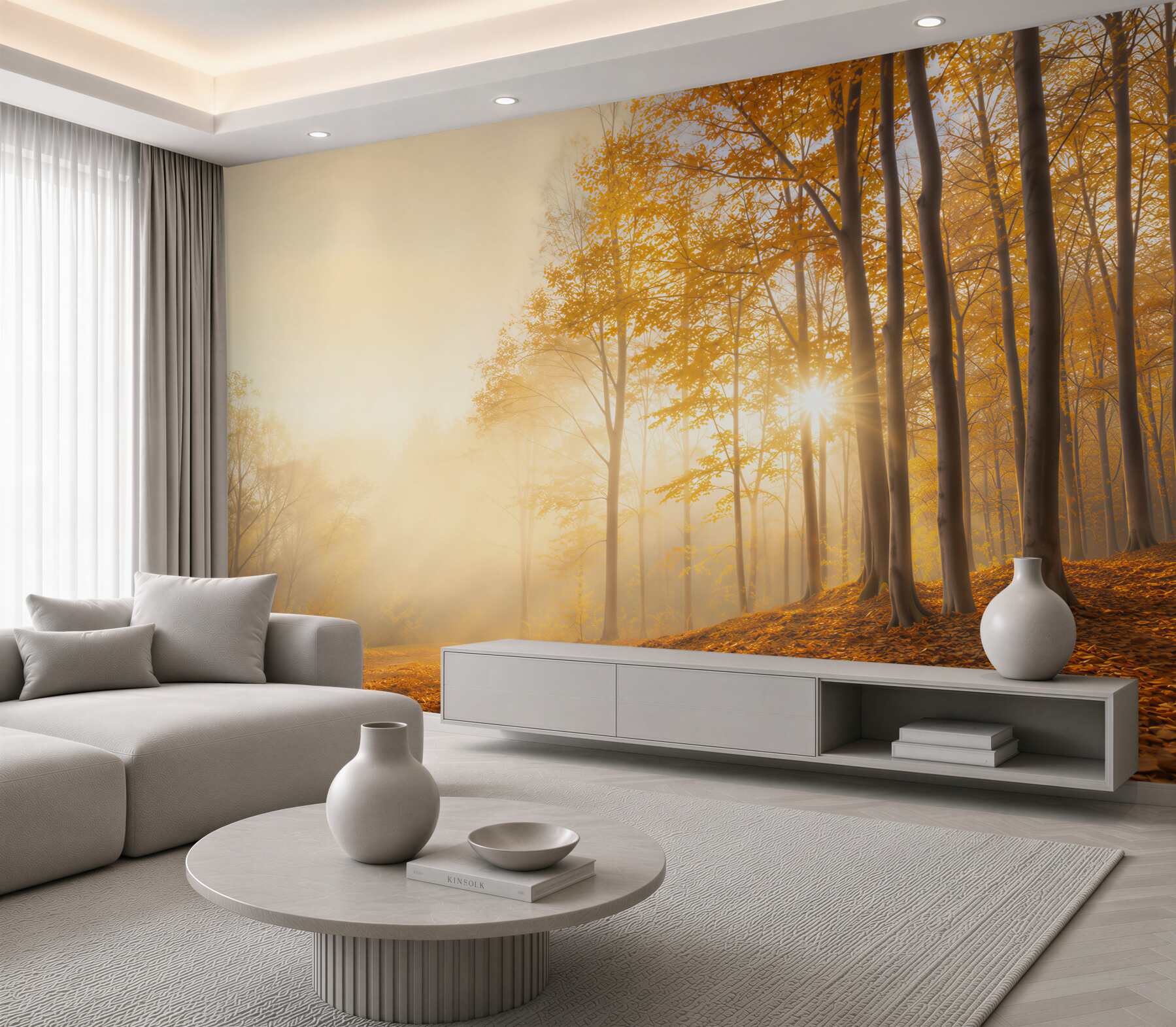Fototapeta jesienny las ze słońcem i złotymi liśćmi ciepła naturalna?v23