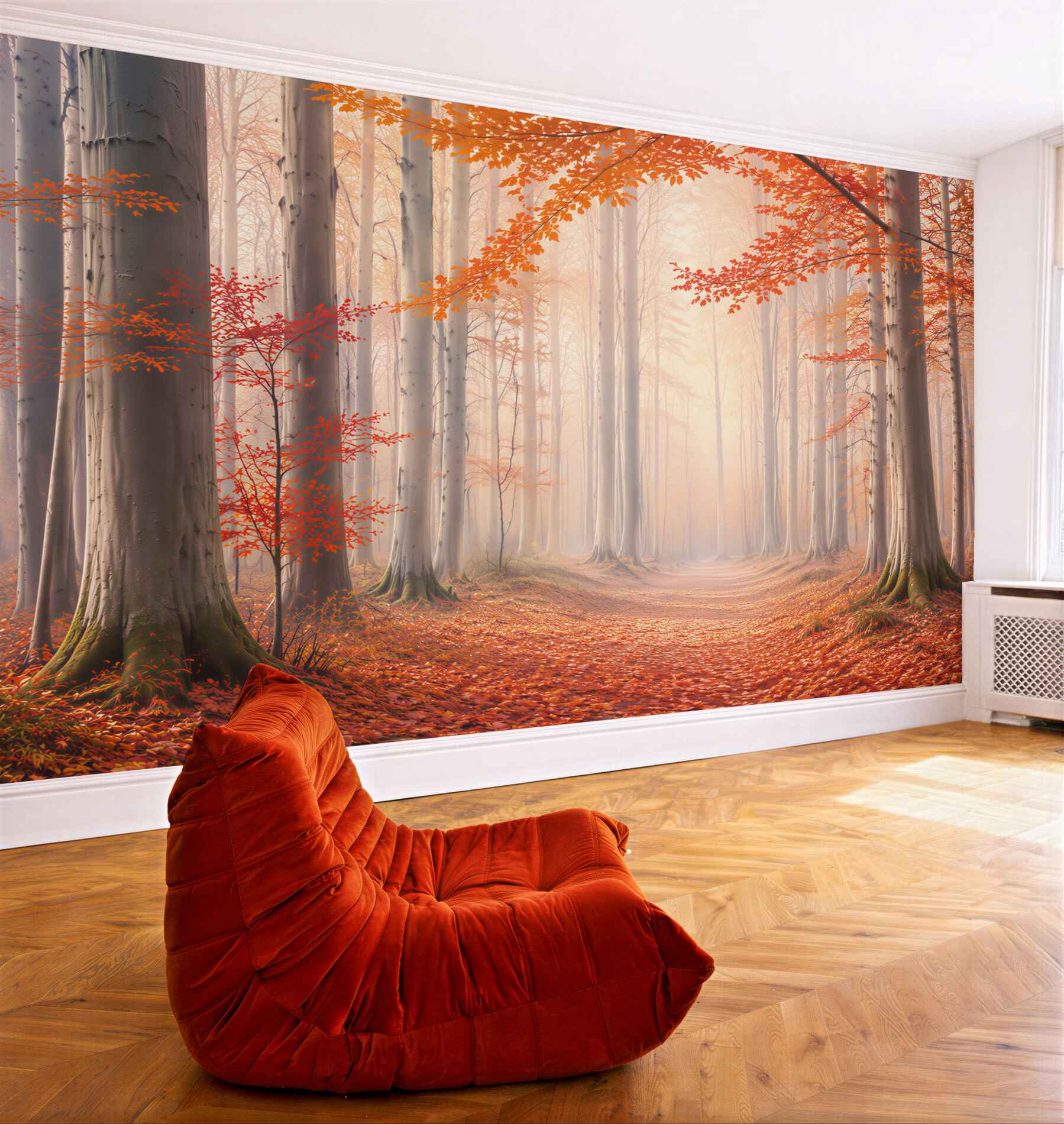 Fototapeta jesienny las z pomarańczowymi liśćmi i leśną ścieżką?v23