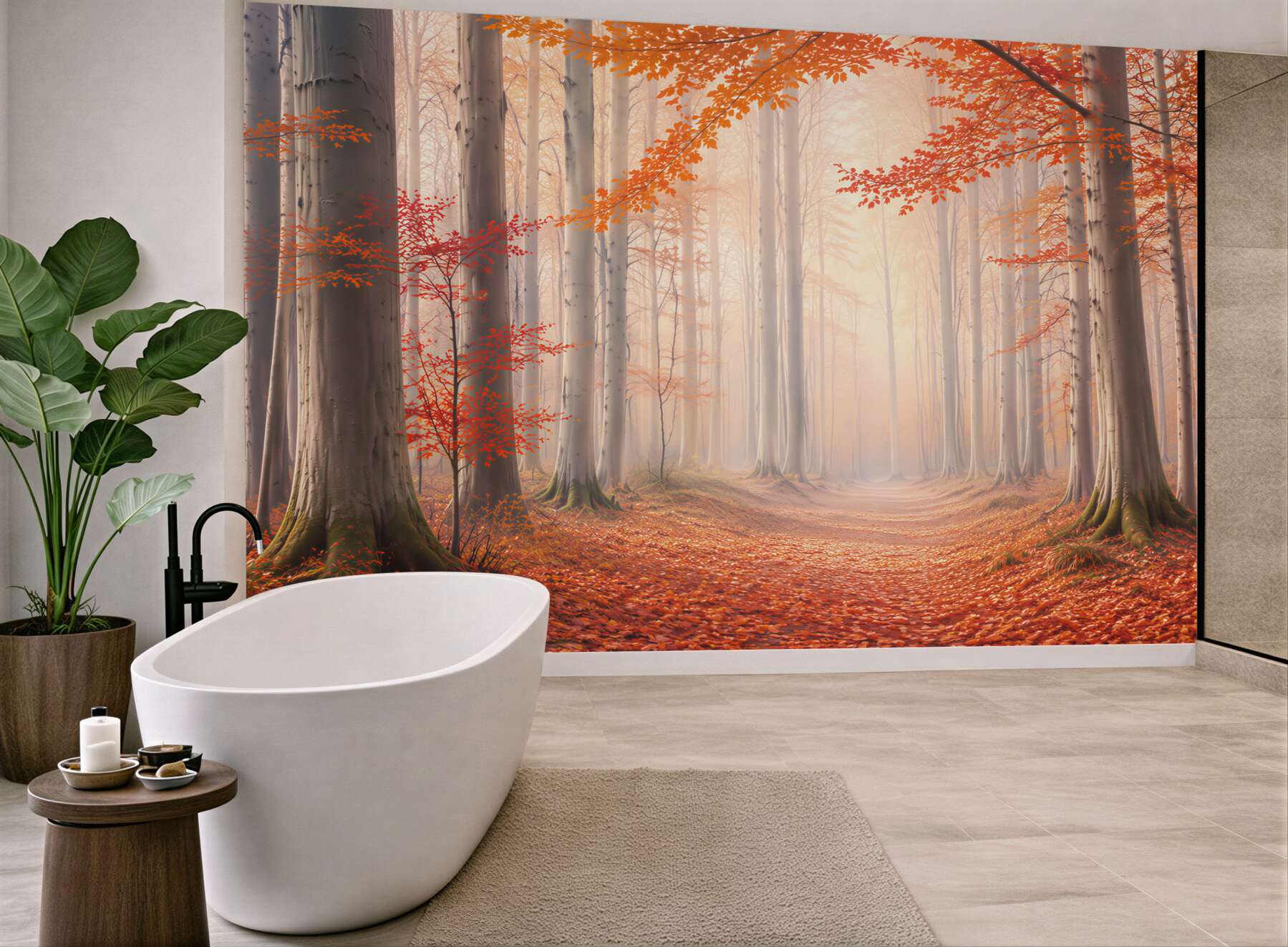 Fototapeta jesienny las z pomarańczowymi liśćmi i leśną ścieżką?v23