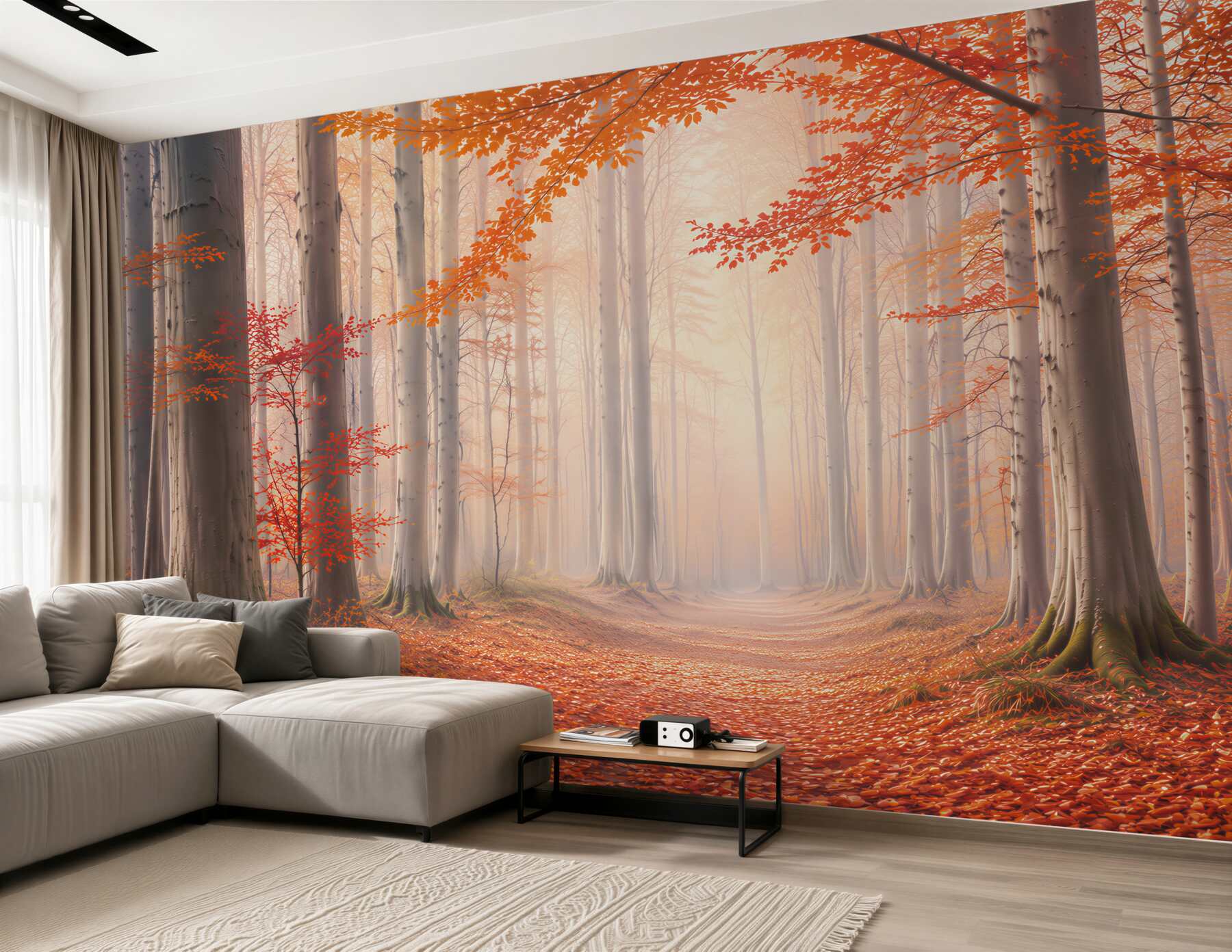 Fototapeta jesienny las z pomarańczowymi liśćmi i leśną ścieżką?v23