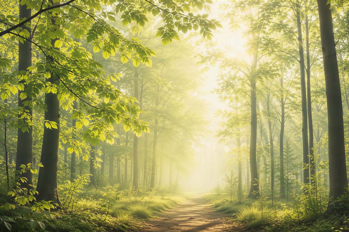 Fototapeta słoneczny las z leśną ścieżką w zielonych naturalnych barwach