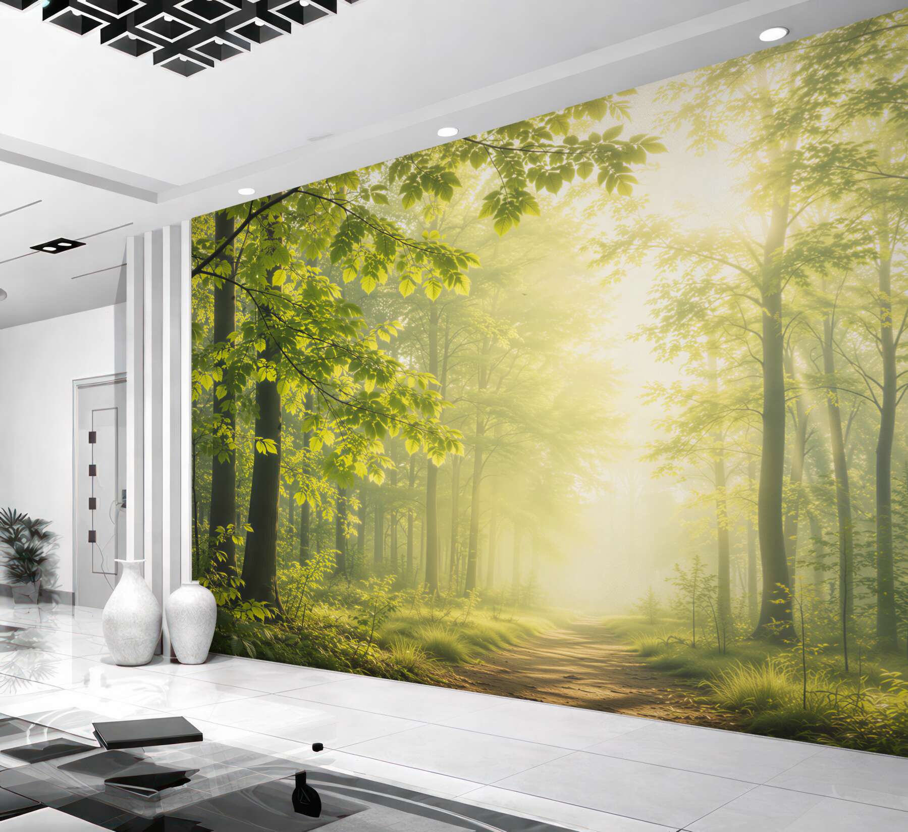 Fototapeta słoneczny las z leśną ścieżką w zielonych naturalnych barwach?v23