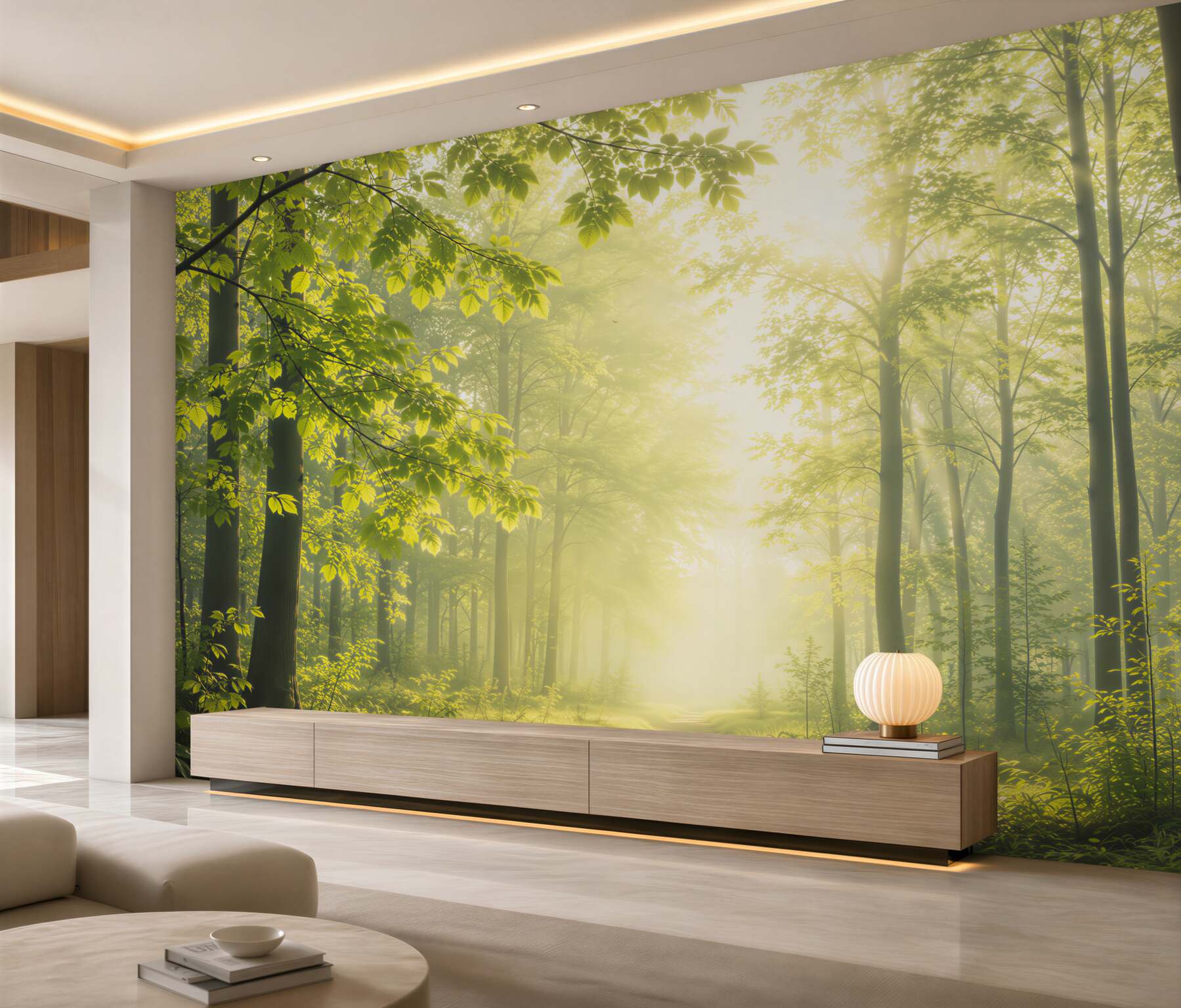 Fototapeta słoneczny las z leśną ścieżką w zielonych naturalnych barwach?v23