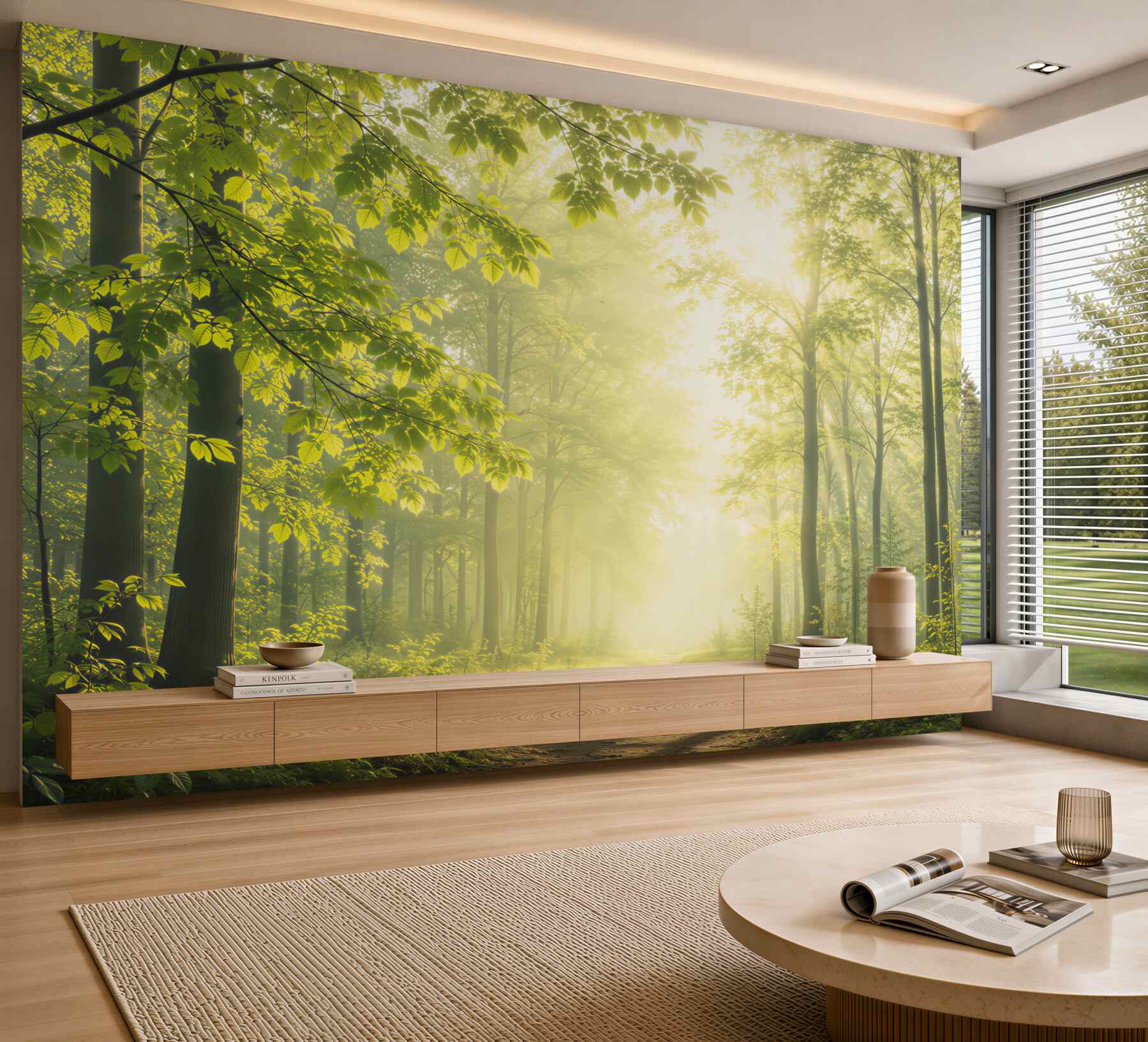 Fototapeta słoneczny las z leśną ścieżką w zielonych naturalnych barwach?v23
