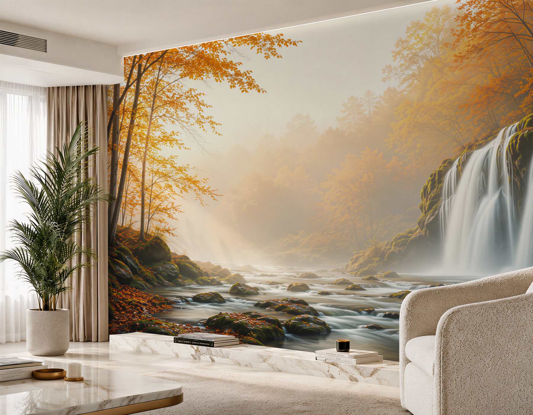 Fototapeta wodospad w jesiennym lesie z mgłą i strumieniem?v23