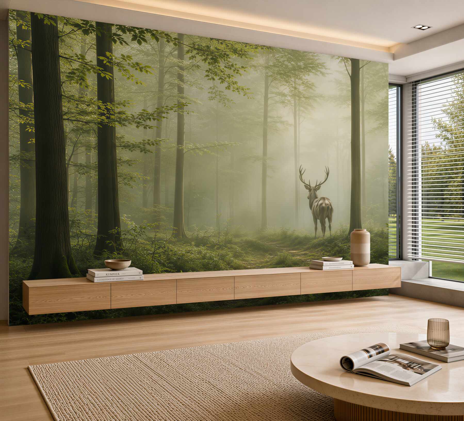 Fototapeta jeleń w leśnej mgle zielona naturalna do salonu?v23
