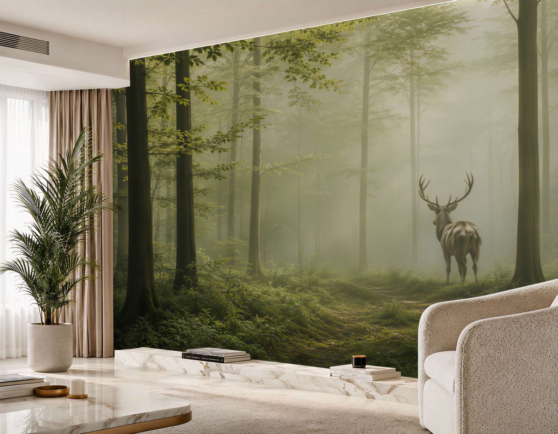 Fototapeta jeleń w leśnej mgle zielona naturalna do salonu?v23