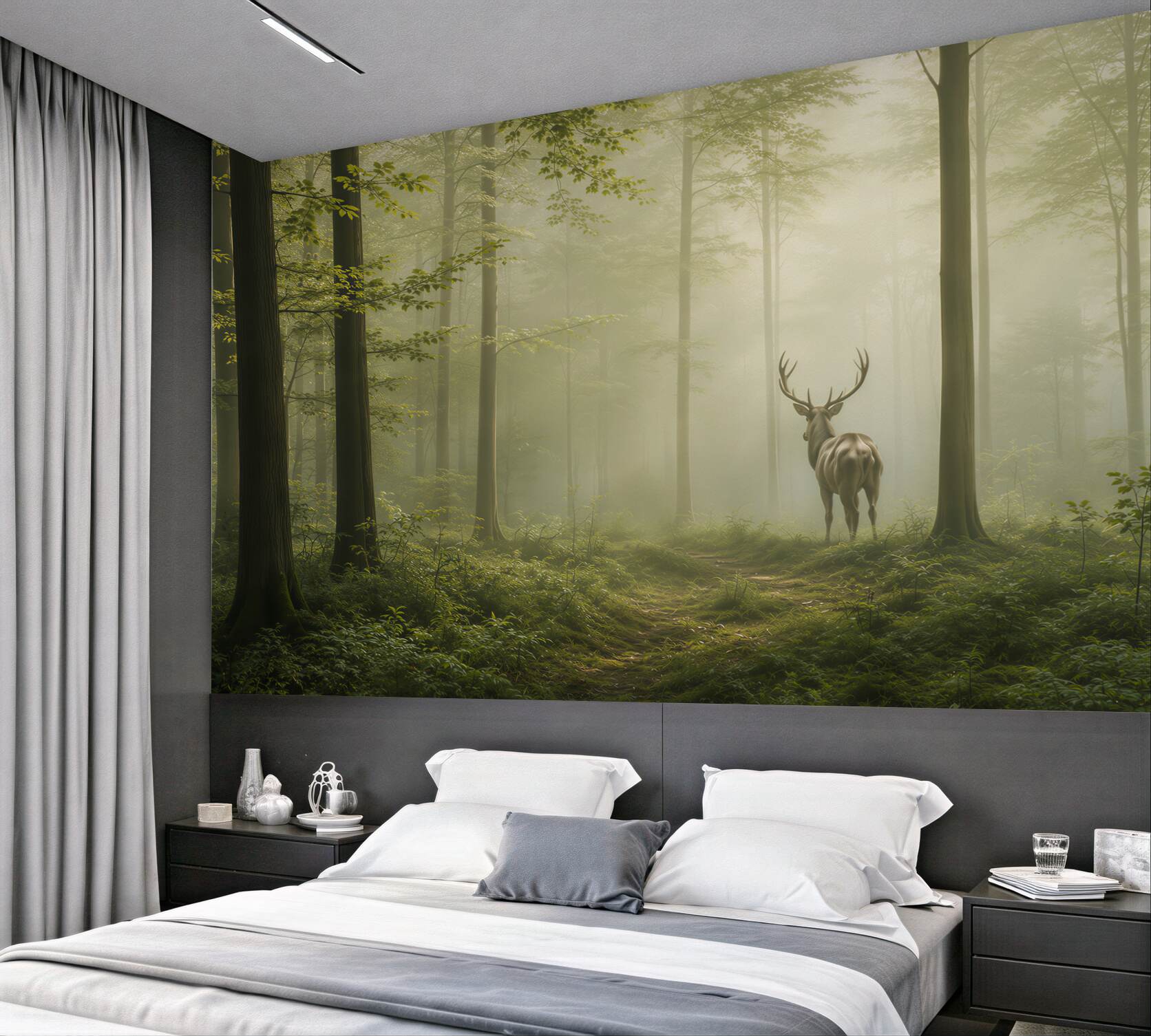 Fototapeta jeleń w leśnej mgle zielona naturalna do salonu?v23