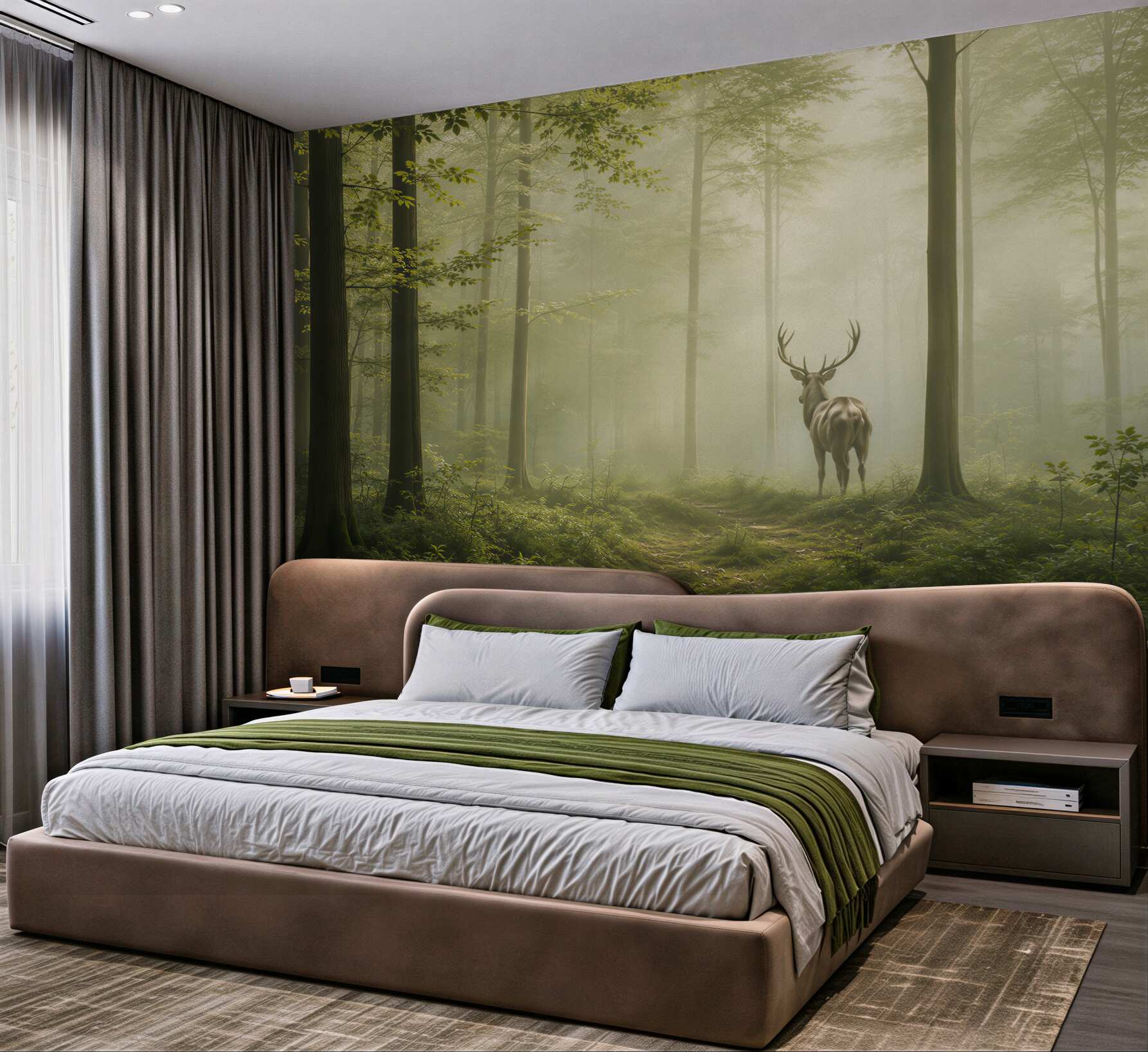 Fototapeta jeleń w leśnej mgle zielona naturalna do salonu?v23