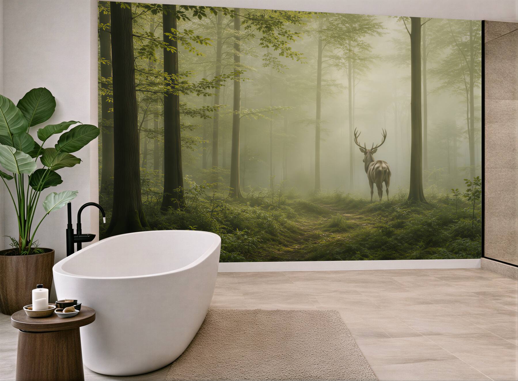 Fototapeta jeleń w leśnej mgle zielona naturalna do salonu?v23