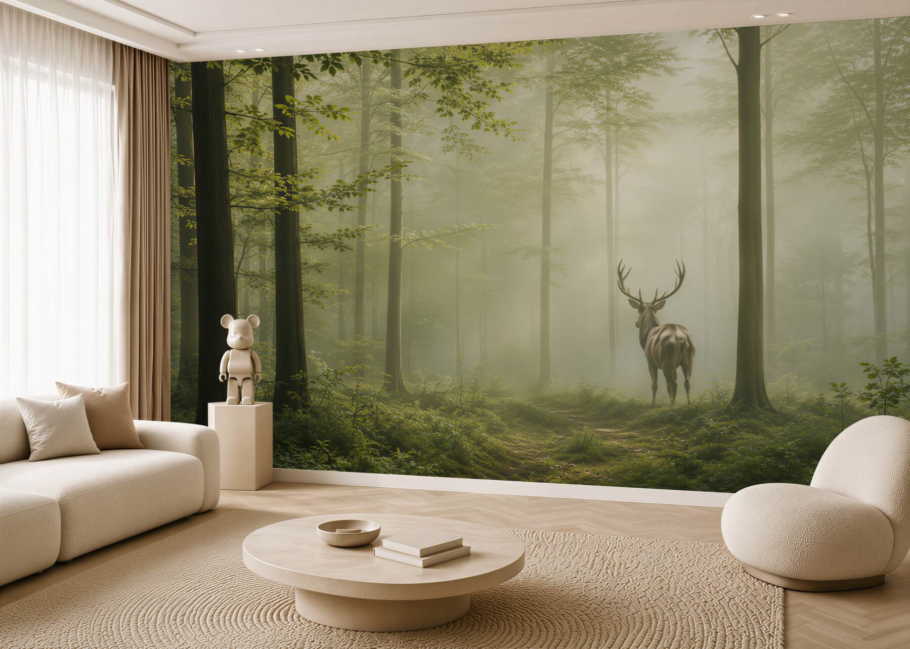 Fototapeta jeleń w leśnej mgle zielona naturalna do salonu?v23