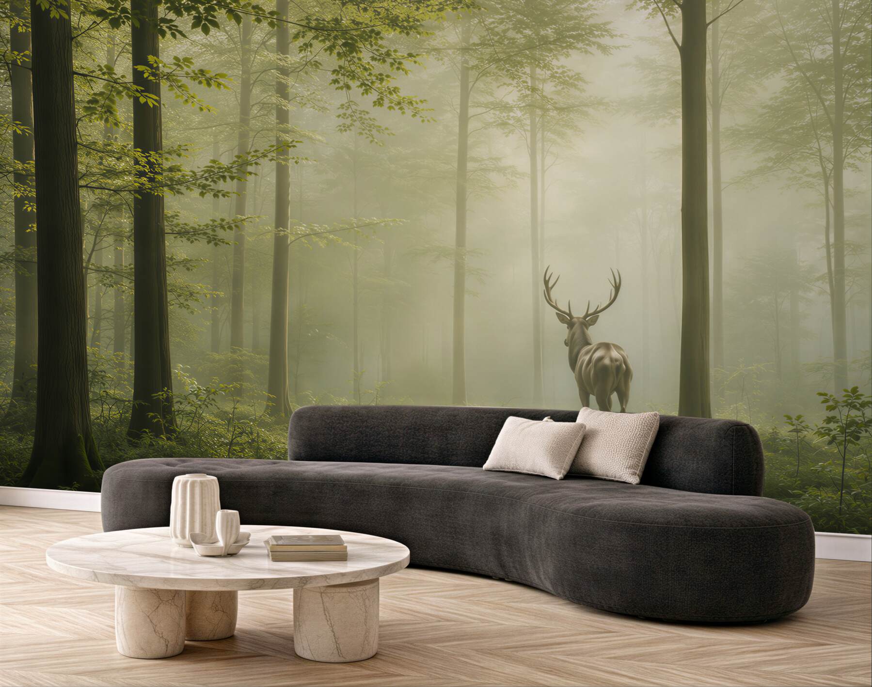 Fototapeta jeleń w leśnej mgle zielona naturalna do salonu?v23