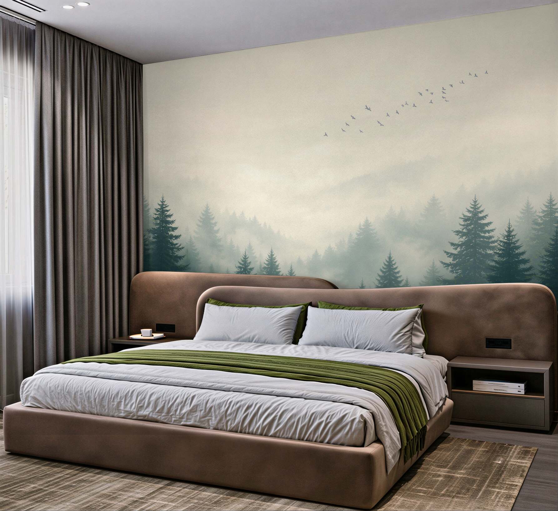 Fototapeta sosnowy las we mgle z lecącymi ptakami pastelowa?v23