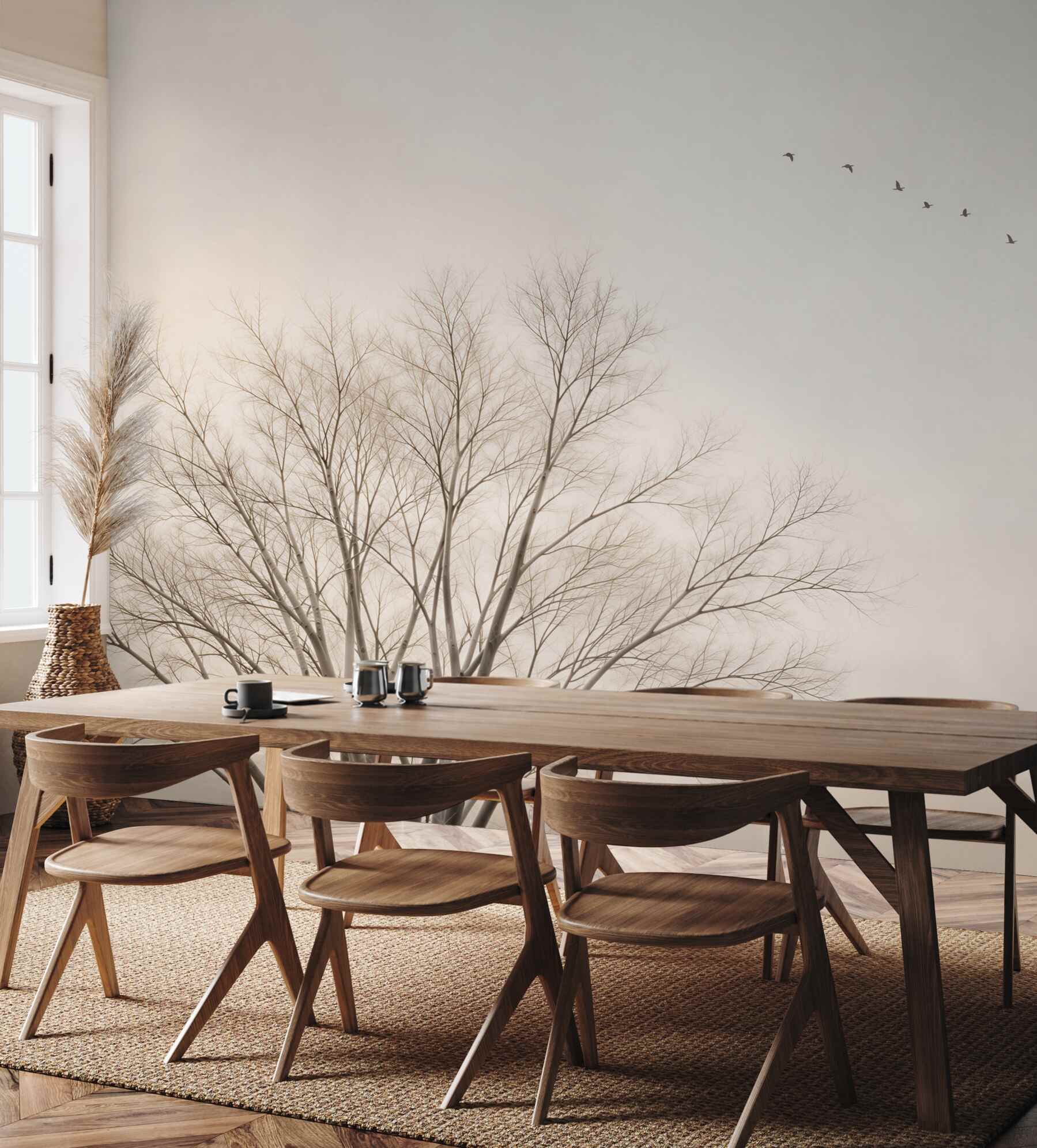 Fototapeta delikatne drzewo i lecące ptaki w beżowej mgle minimalistyczna?v23