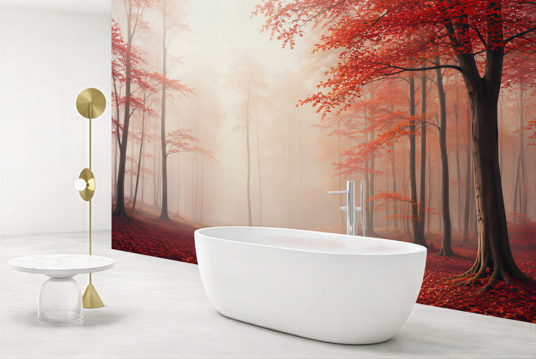 Fototapeta czerwony jesienny las we mgle nastrojowa do salonu?v23