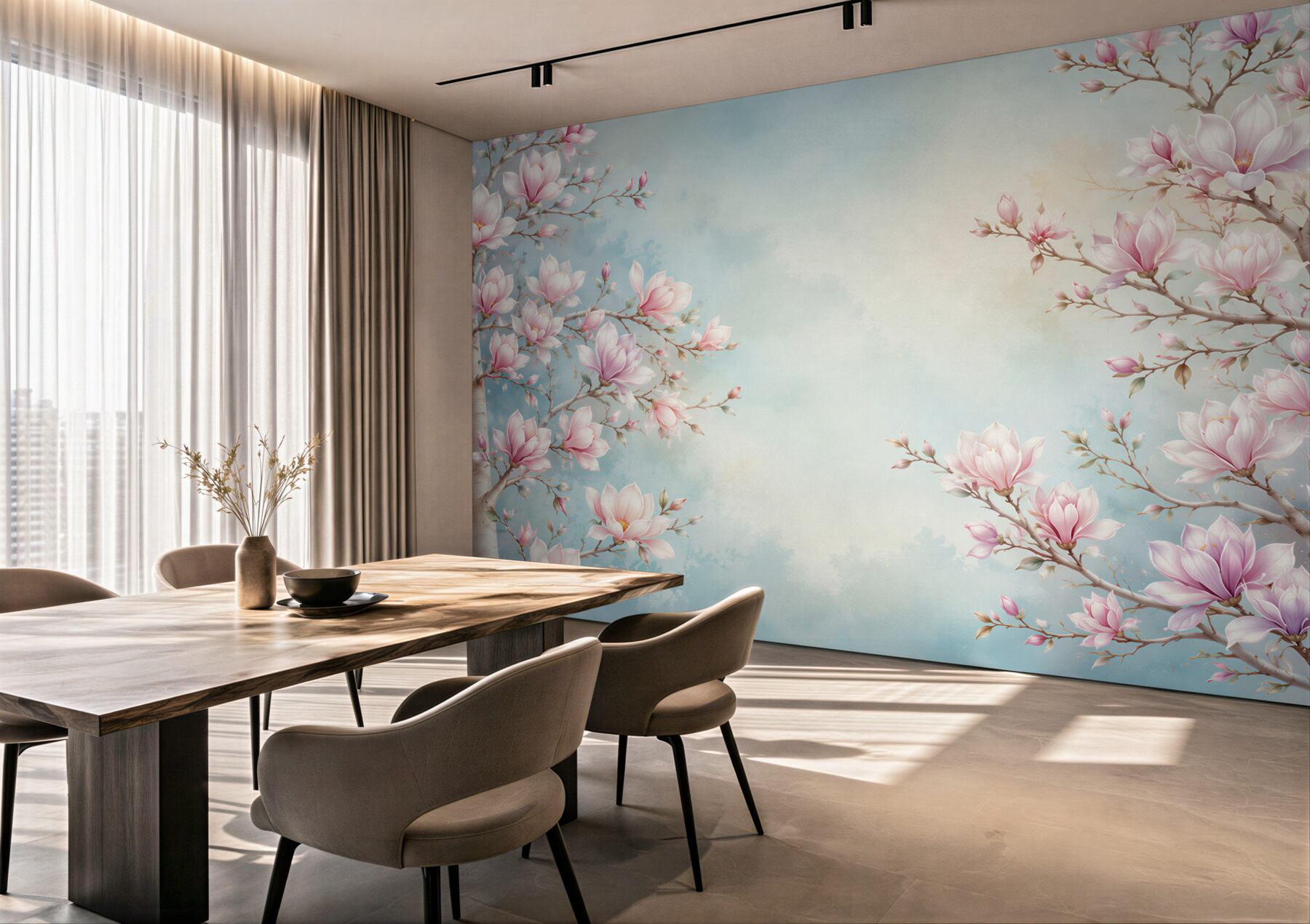 Fototapeta kwitnąca magnolia różowa na błękitnym tle romantyczna?v23