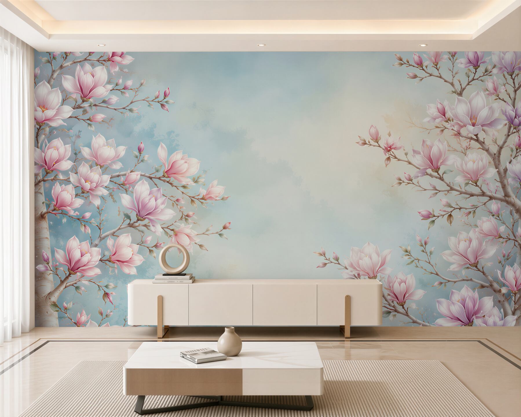 Fototapeta kwitnąca magnolia różowa na błękitnym tle romantyczna?v23