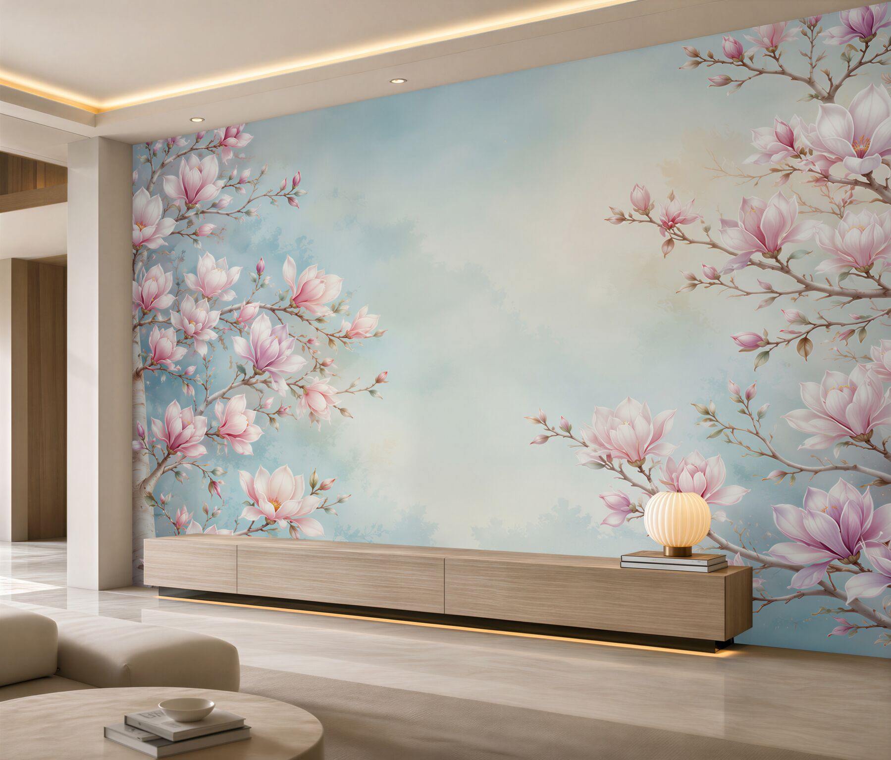 Fototapeta kwitnąca magnolia różowa na błękitnym tle romantyczna?v23