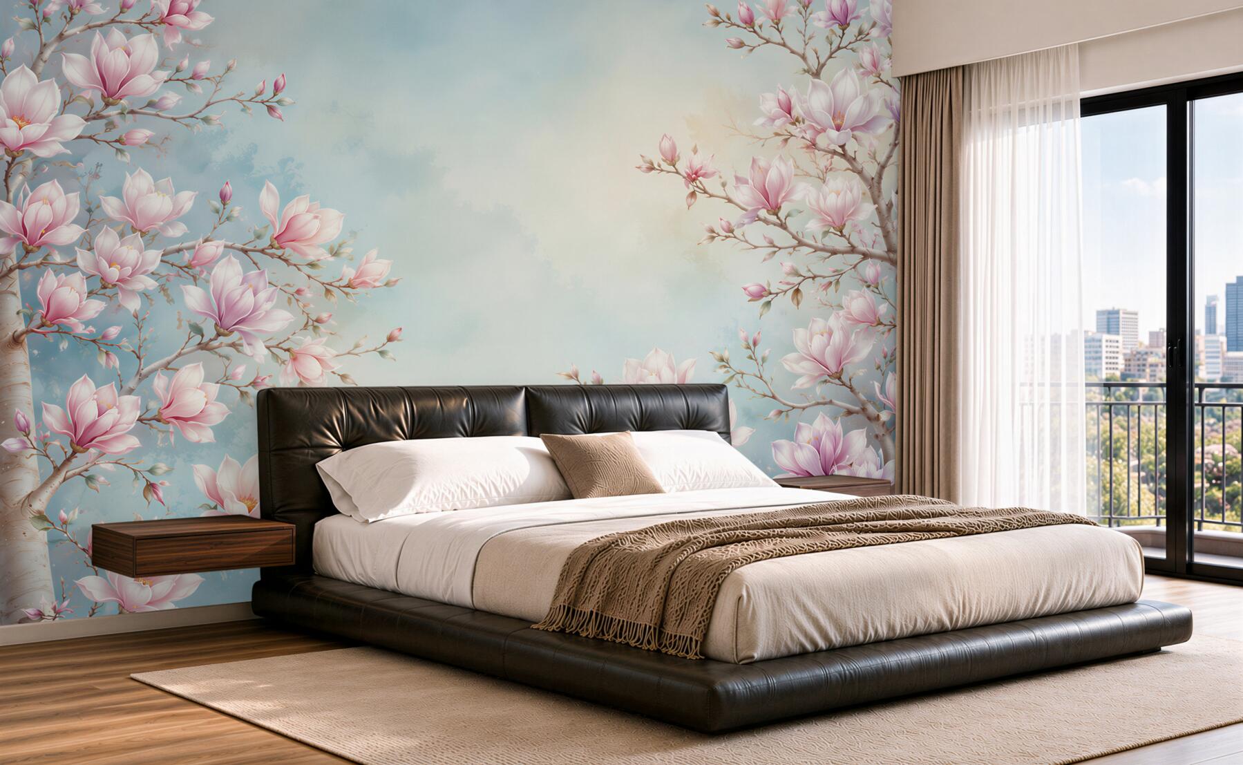 Fototapeta kwitnąca magnolia różowa na błękitnym tle romantyczna?v23