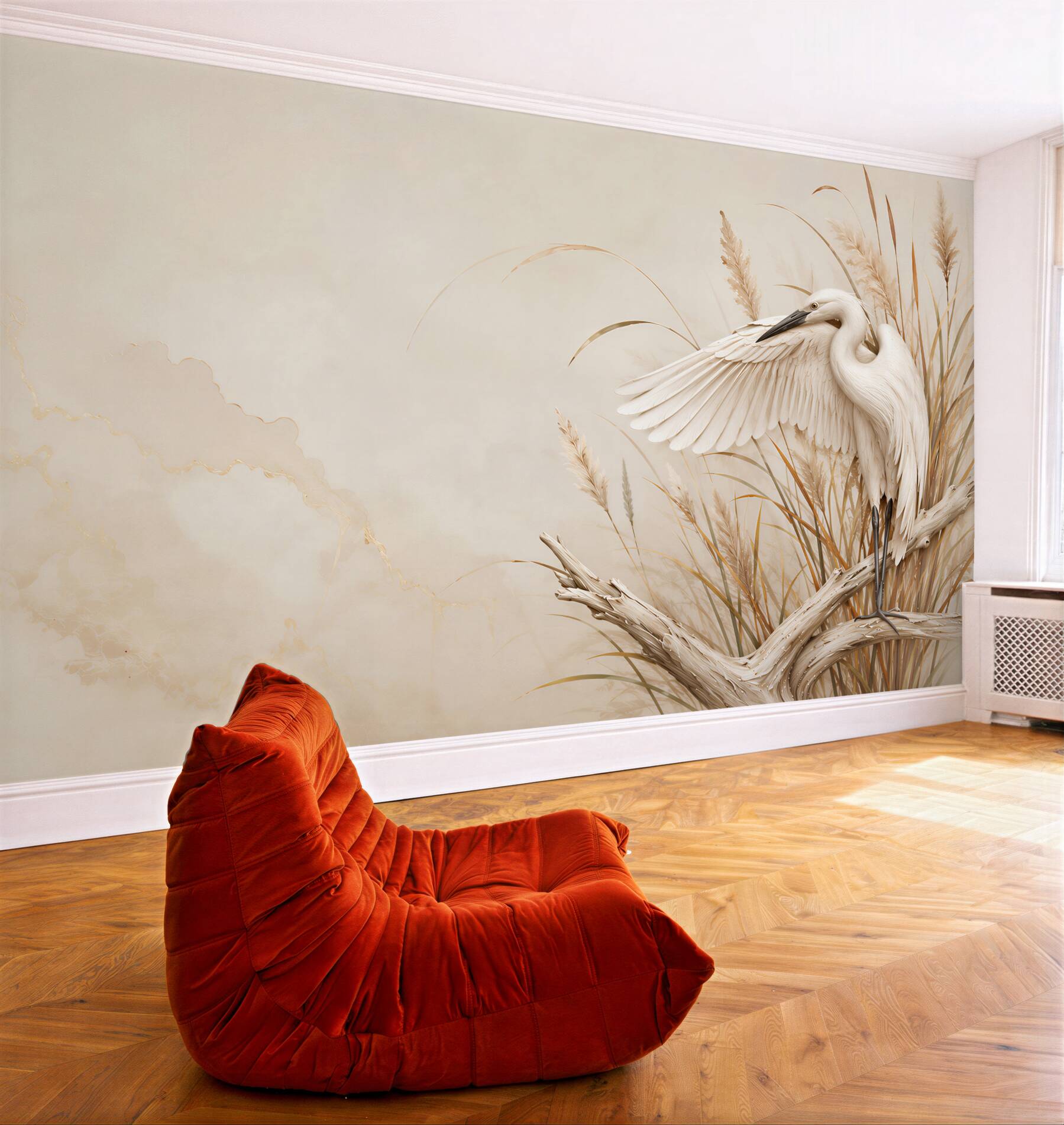 Fototapeta biała czapla wśród traw beżowa elegancka?v23