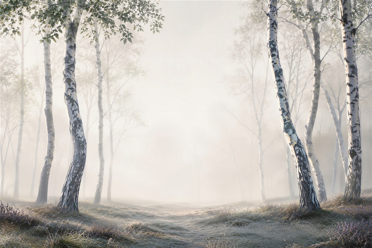 Fototapeta brzozowy las we mgle jasny naturalny krajobraz