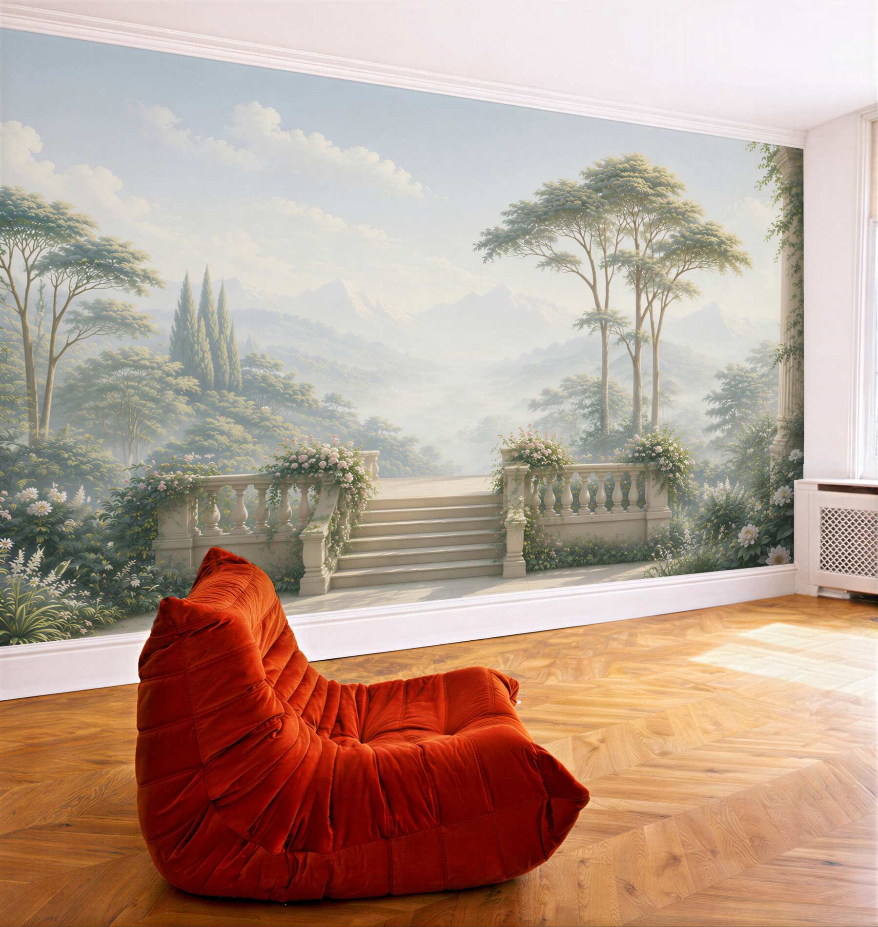 Fototapeta taras z widokiem na góry i ogród pastelowa elegancka?v23