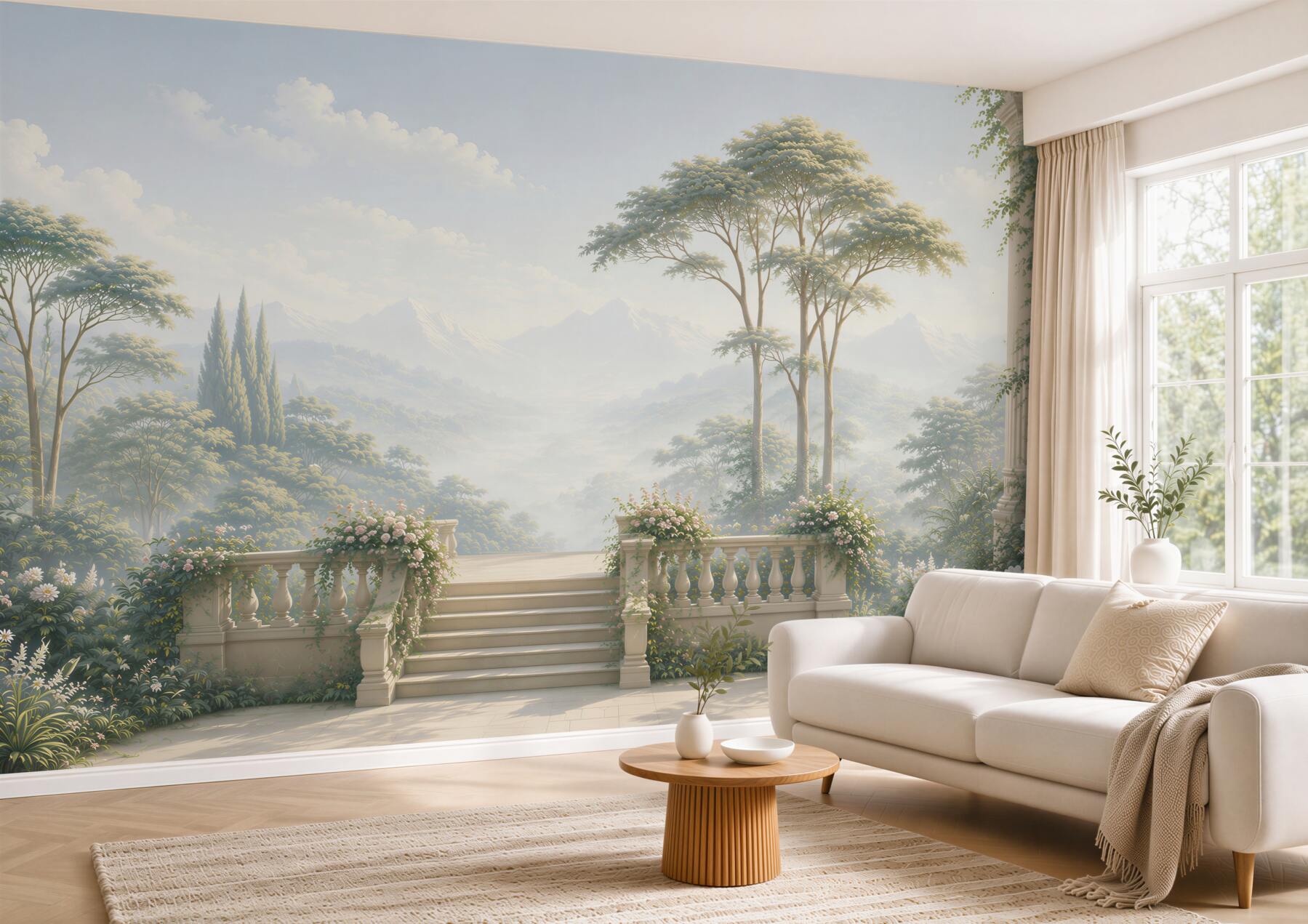 Fototapeta taras z widokiem na góry i ogród pastelowa elegancka?v23