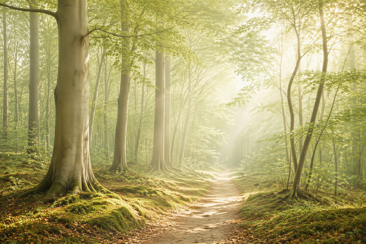 Fototapeta leśna ścieżka w promieniach słońca zielona naturalna