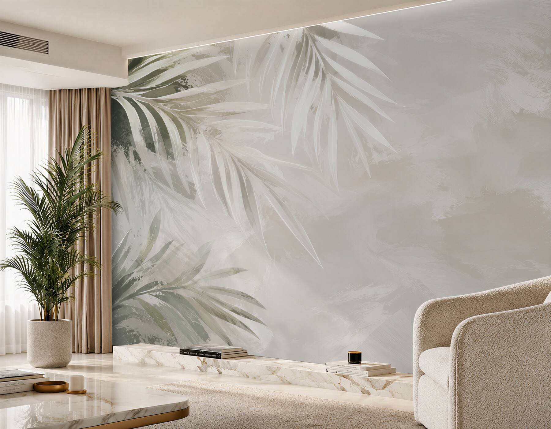 Fototapeta jasne liście palmowe beżowo szare w subtelnym stylu tropical?v23