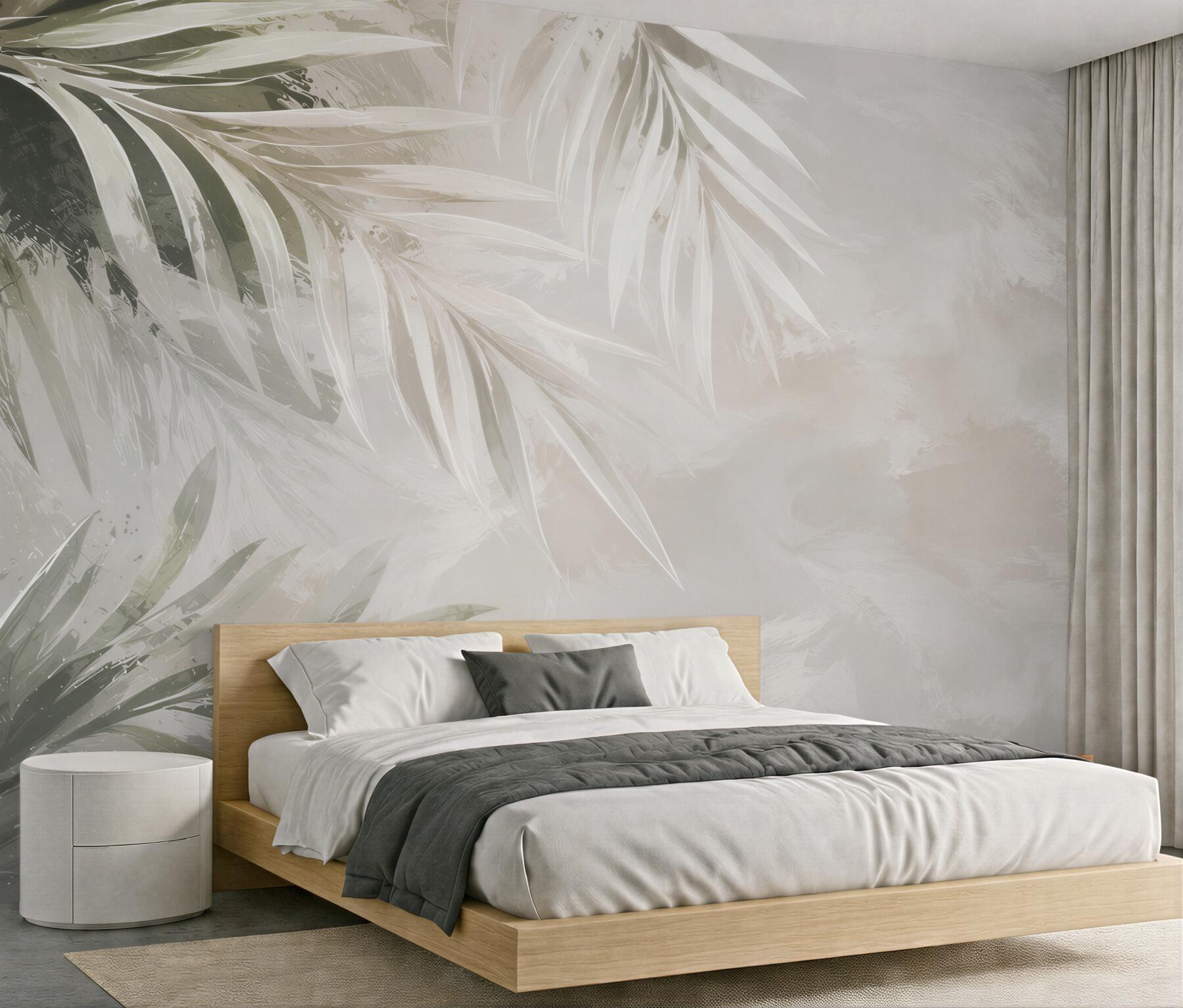 Fototapeta jasne liście palmowe beżowo szare w subtelnym stylu tropical?v23
