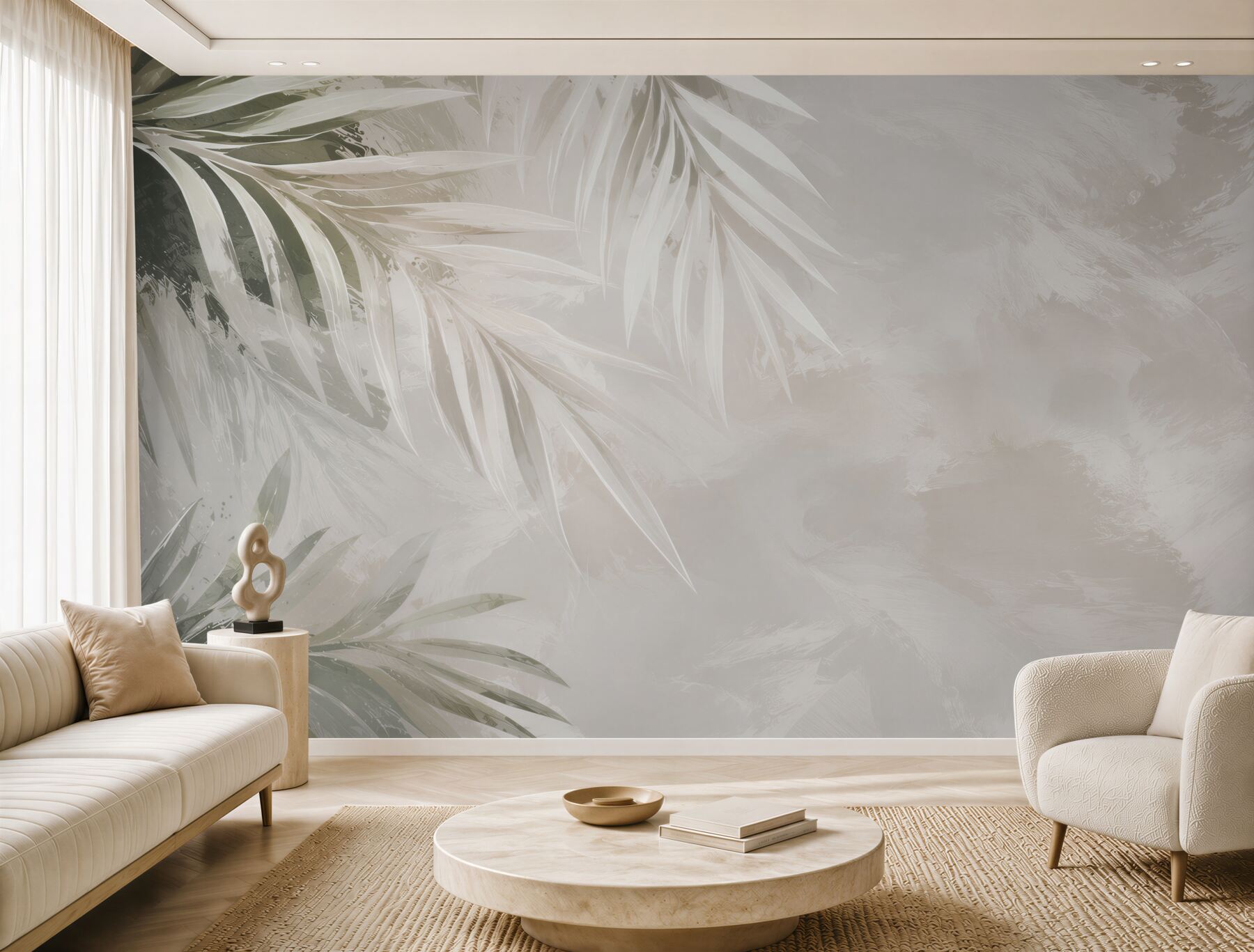 Fototapeta jasne liście palmowe beżowo szare w subtelnym stylu tropical?v23