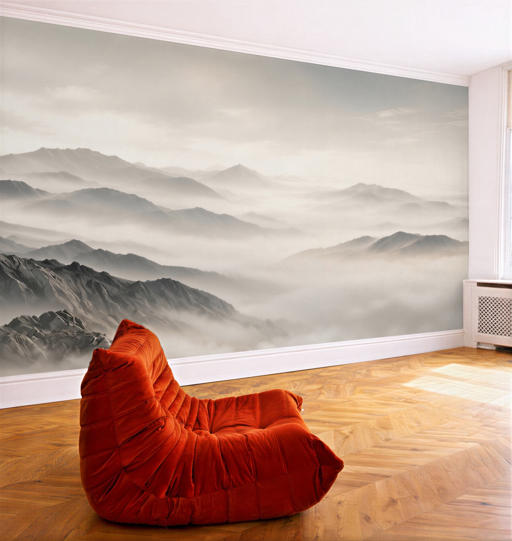 Fototapeta góry we mgle panoramiczne beżowo szare do eleganckiego salonu?v23