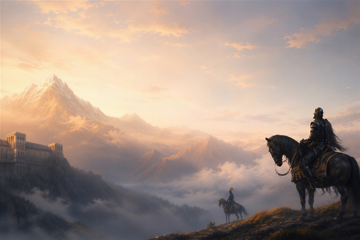 Fototapeta rycerze na koniach w górskiej krainie fantasy o świcie