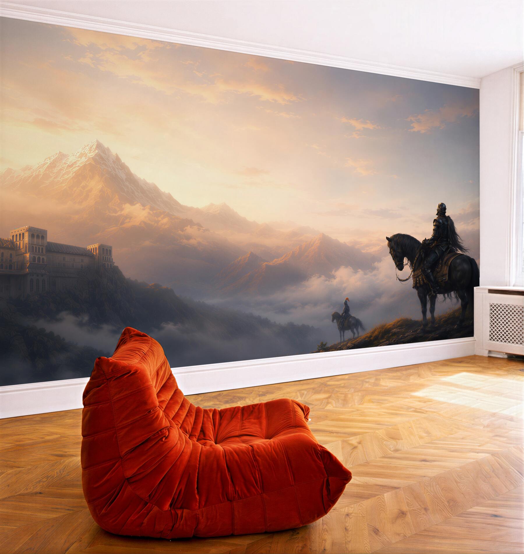 Fototapeta rycerze na koniach w górskiej krainie fantasy o świcie?v23