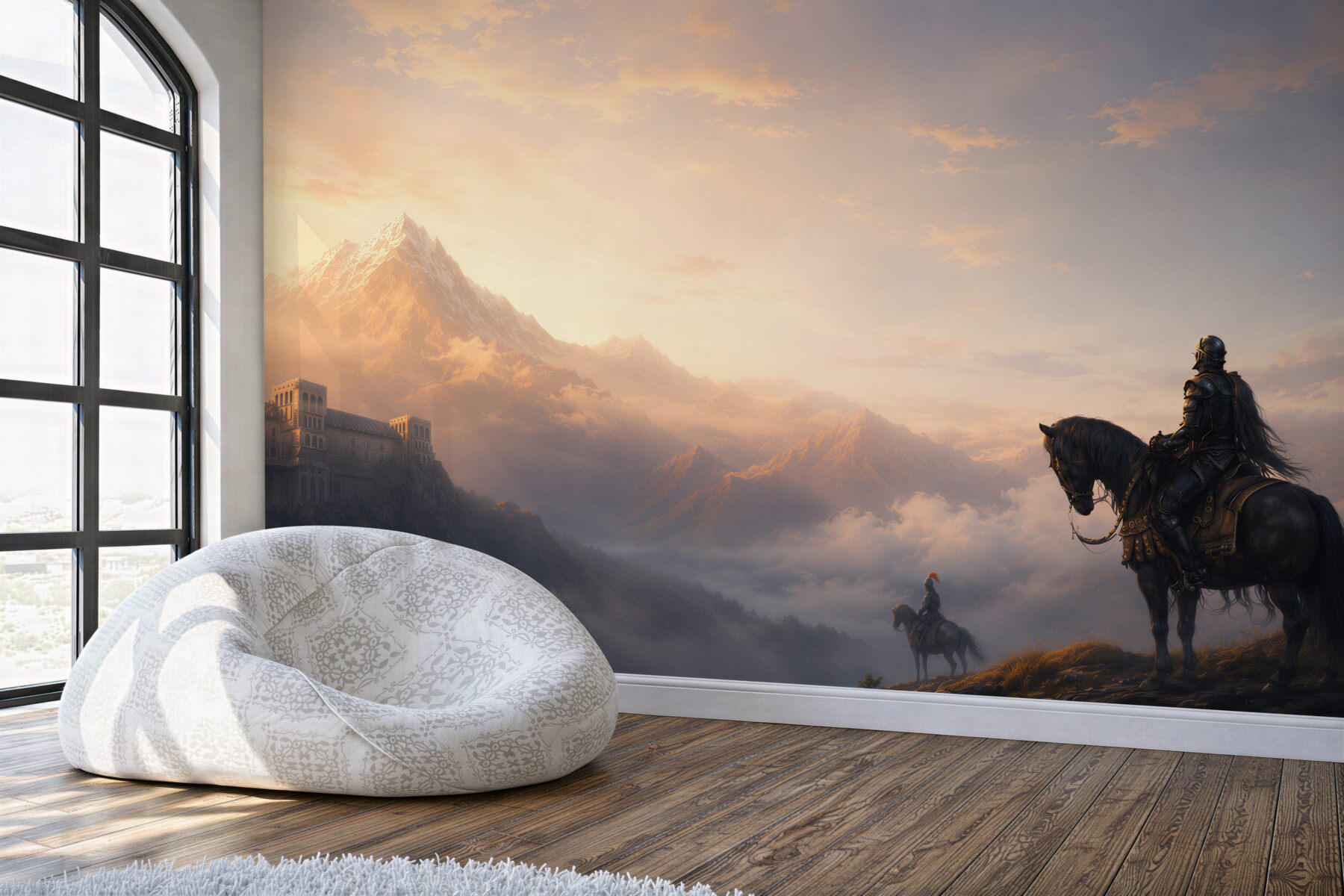 Fototapeta rycerze na koniach w górskiej krainie fantasy o świcie