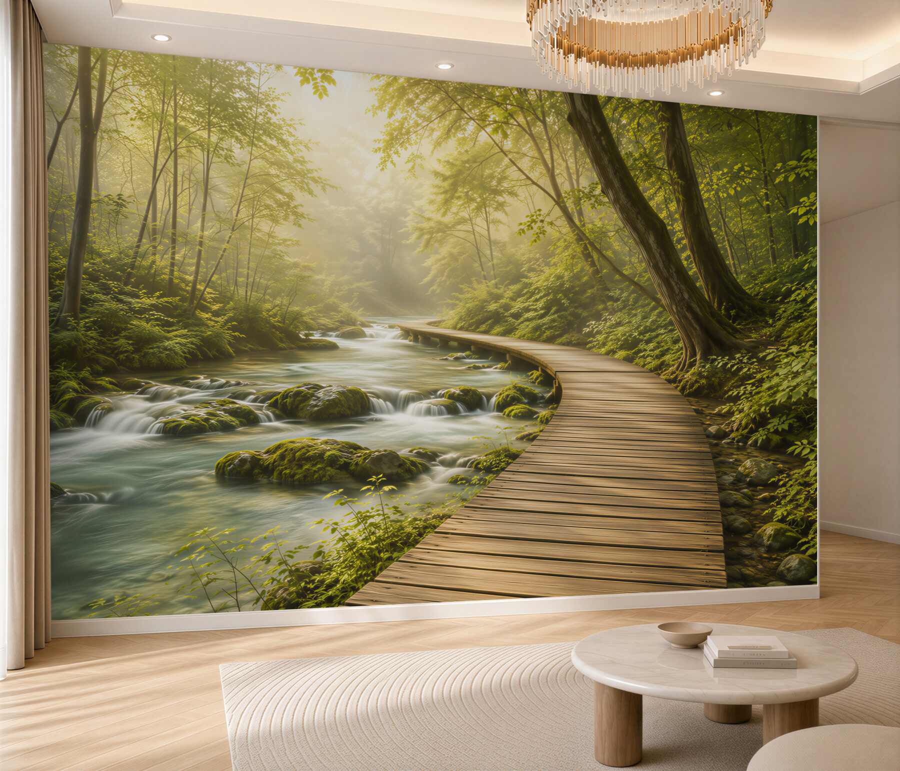 Fototapeta leśny strumień z drewnianą ścieżką w porannym świetle?v23