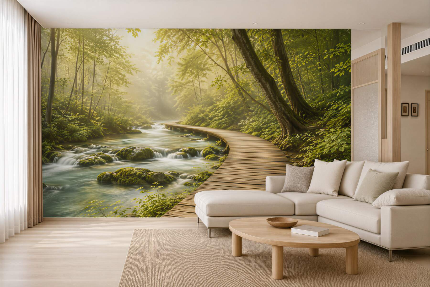 Fototapeta leśny strumień z drewnianą ścieżką w porannym świetle?v23