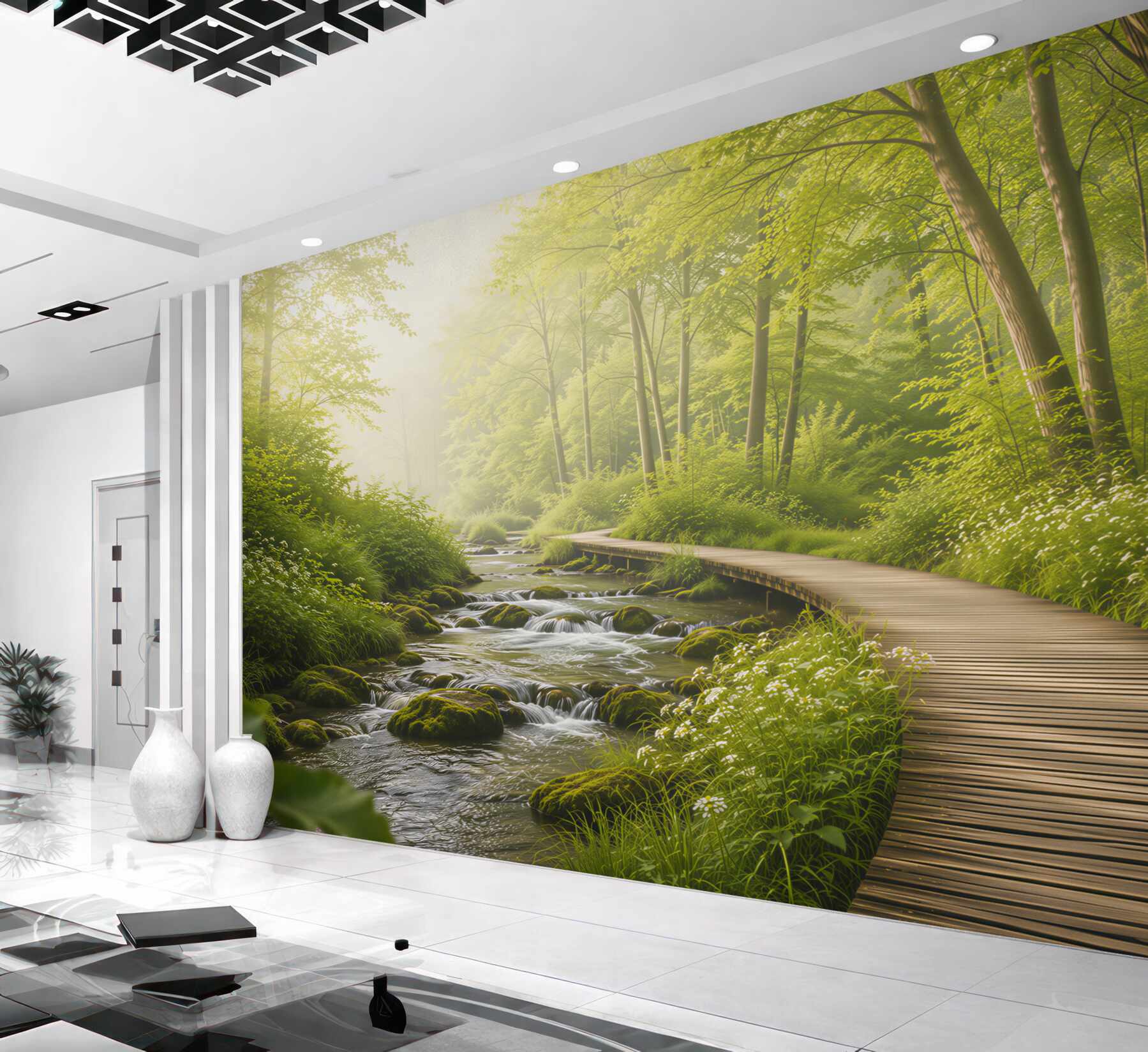Fototapeta zielony las ze strumieniem i drewnianą kładką?v23