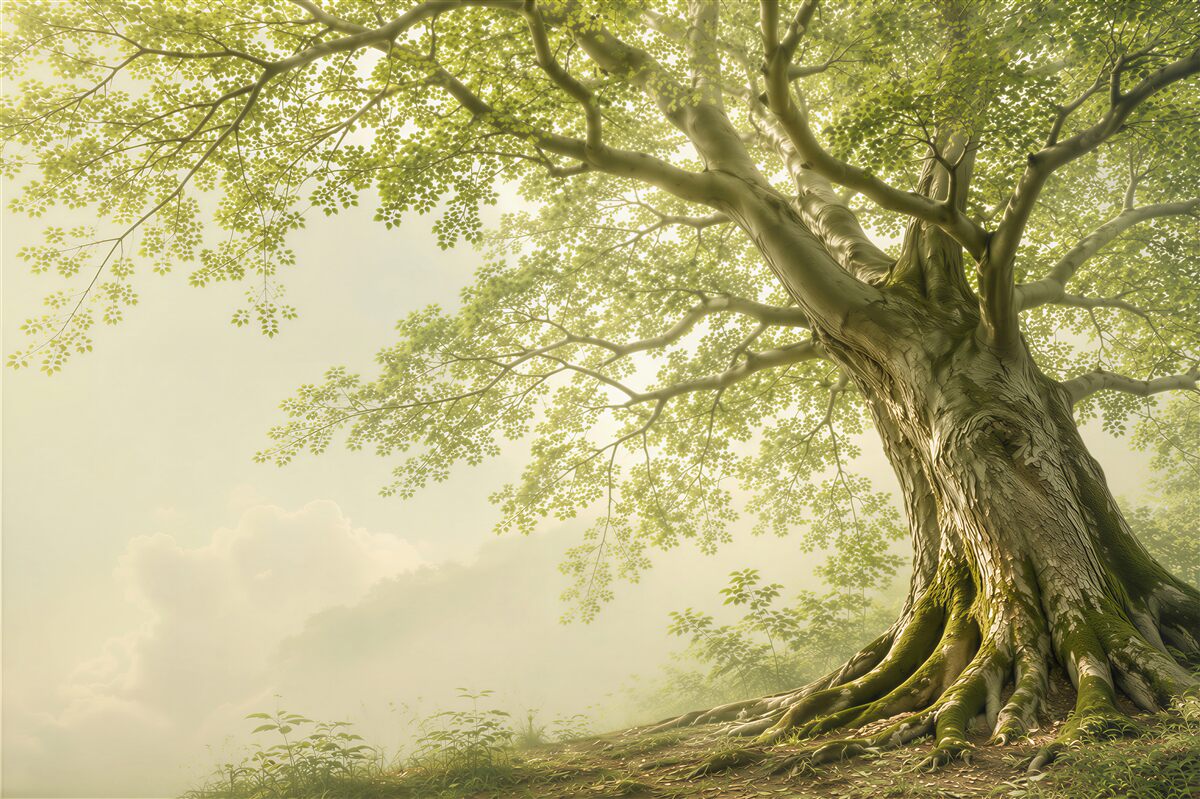Fototapeta majestatyczne drzewo w promieniach słońca zielona natura