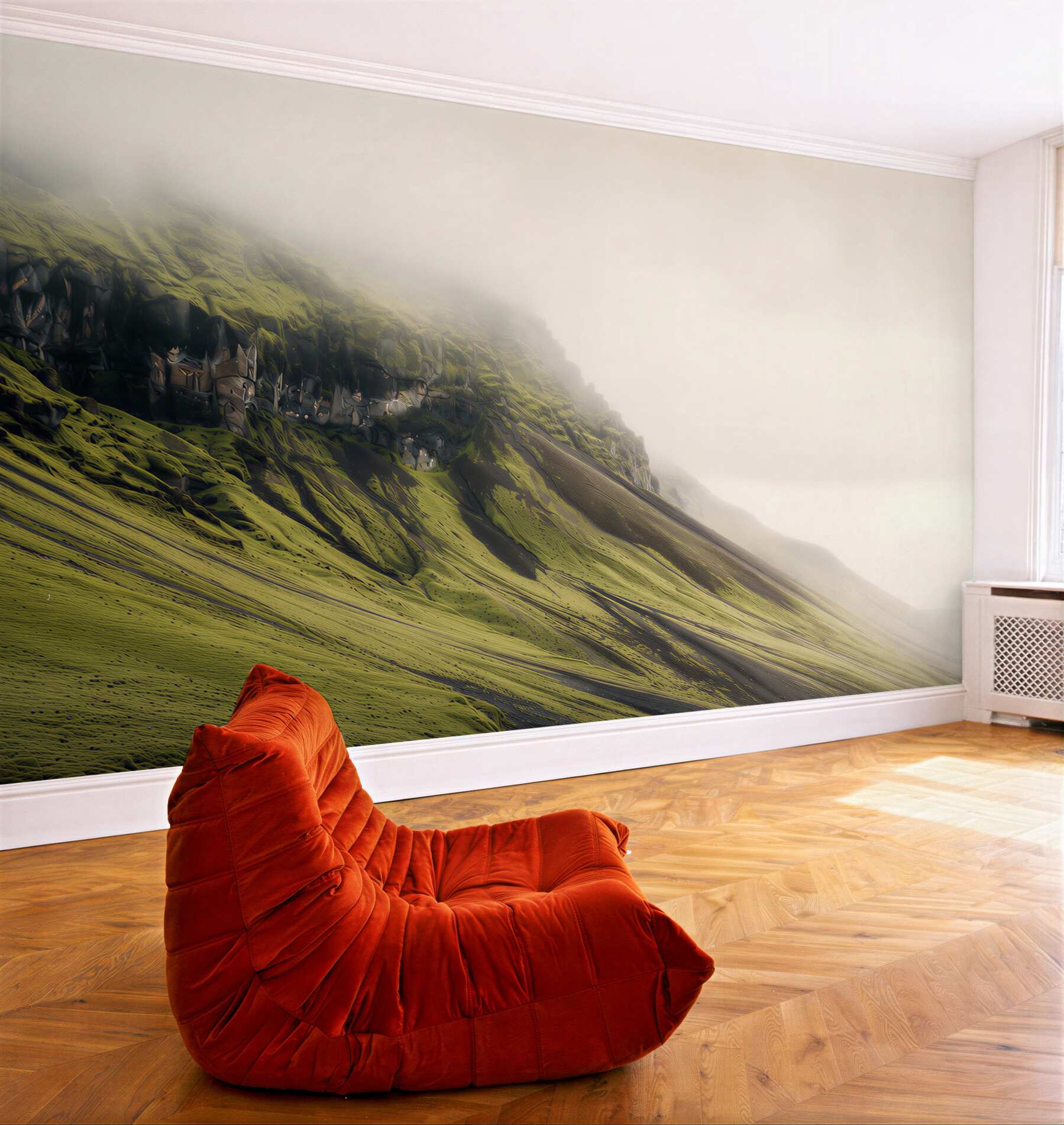 Fototapeta mglista zielona góra z surowym zboczem minimalistyczny pejzaż?v23