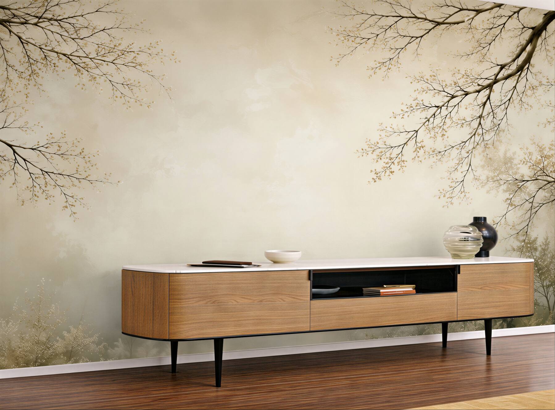 Fototapeta mglisty las nad jeziorem w beżowych tonach spokojny krajobraz?v23