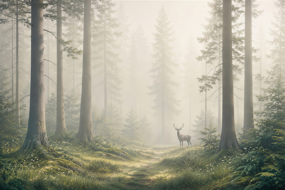 Fototapeta jeleń w mglistym lesie z promieniami słońca spokojna natura